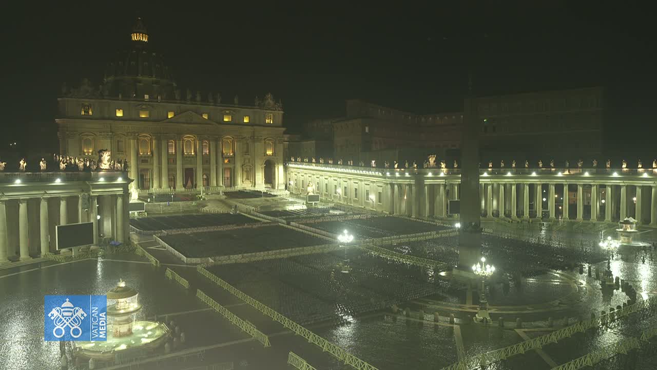 St. Peter's Basilica and Square at night, illuminated, with a wet plaza.
