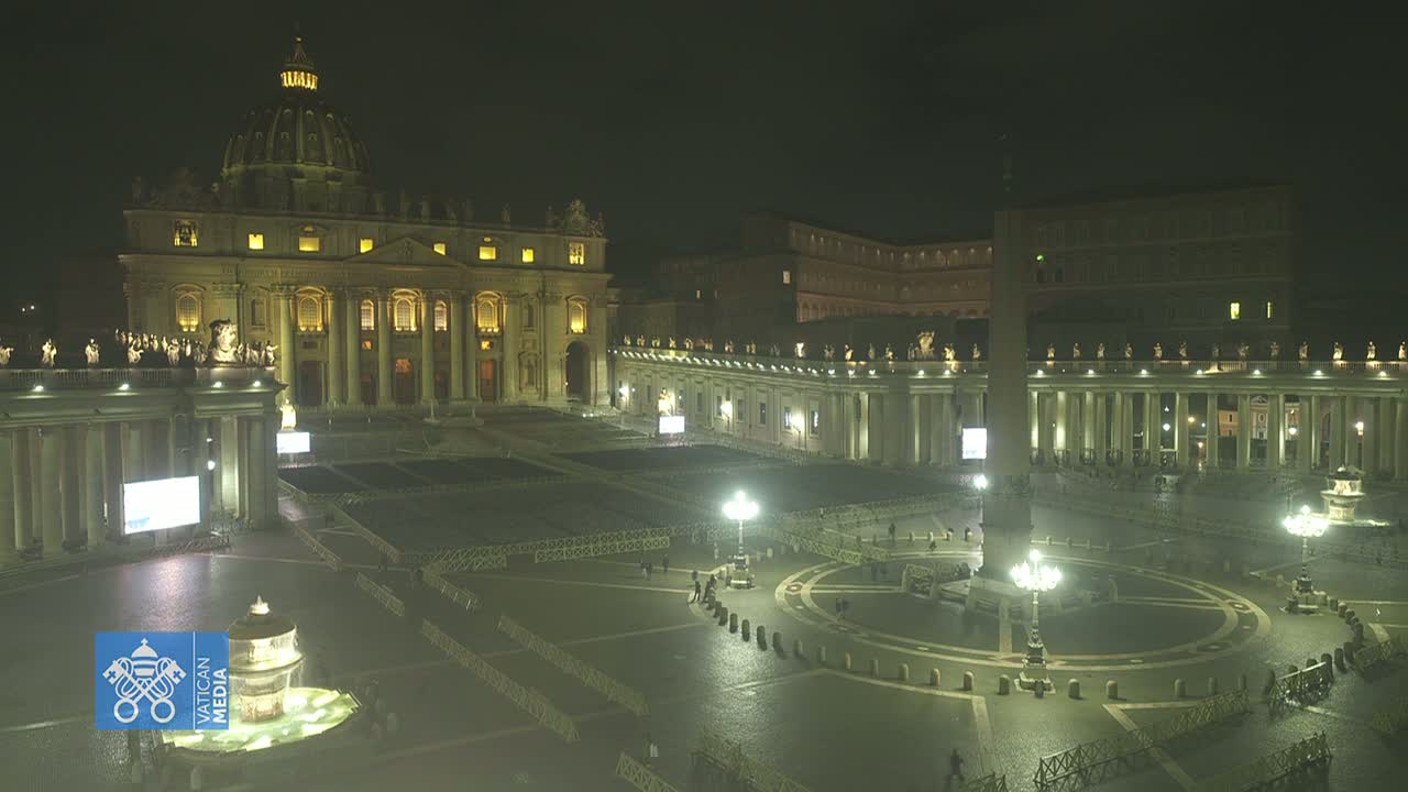 St. Peter's Basilica and Square at night, illuminated under a dark sky.