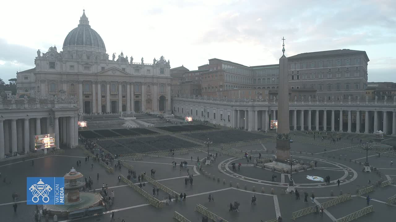 St. Peter's Basilica and St. Peter's Square are sparsely populated on an overcast day.