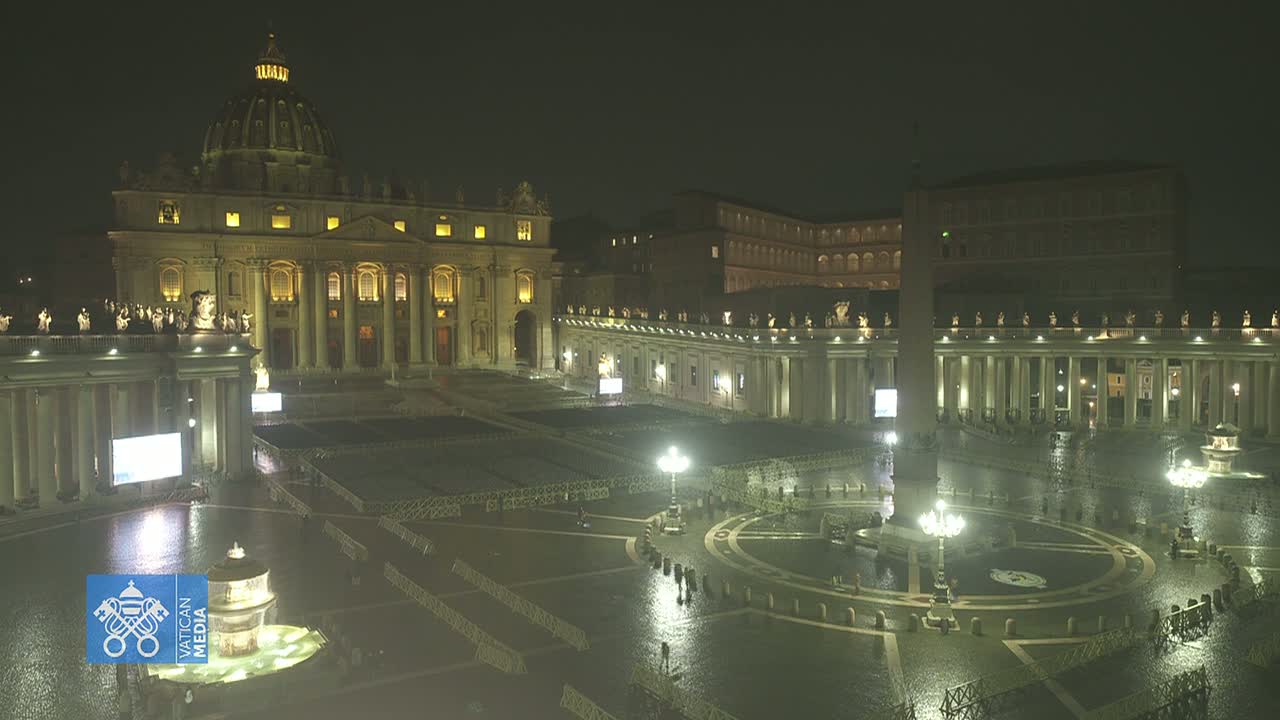 St. Peter's Basilica and Square at night in the rain, illuminated by lights.