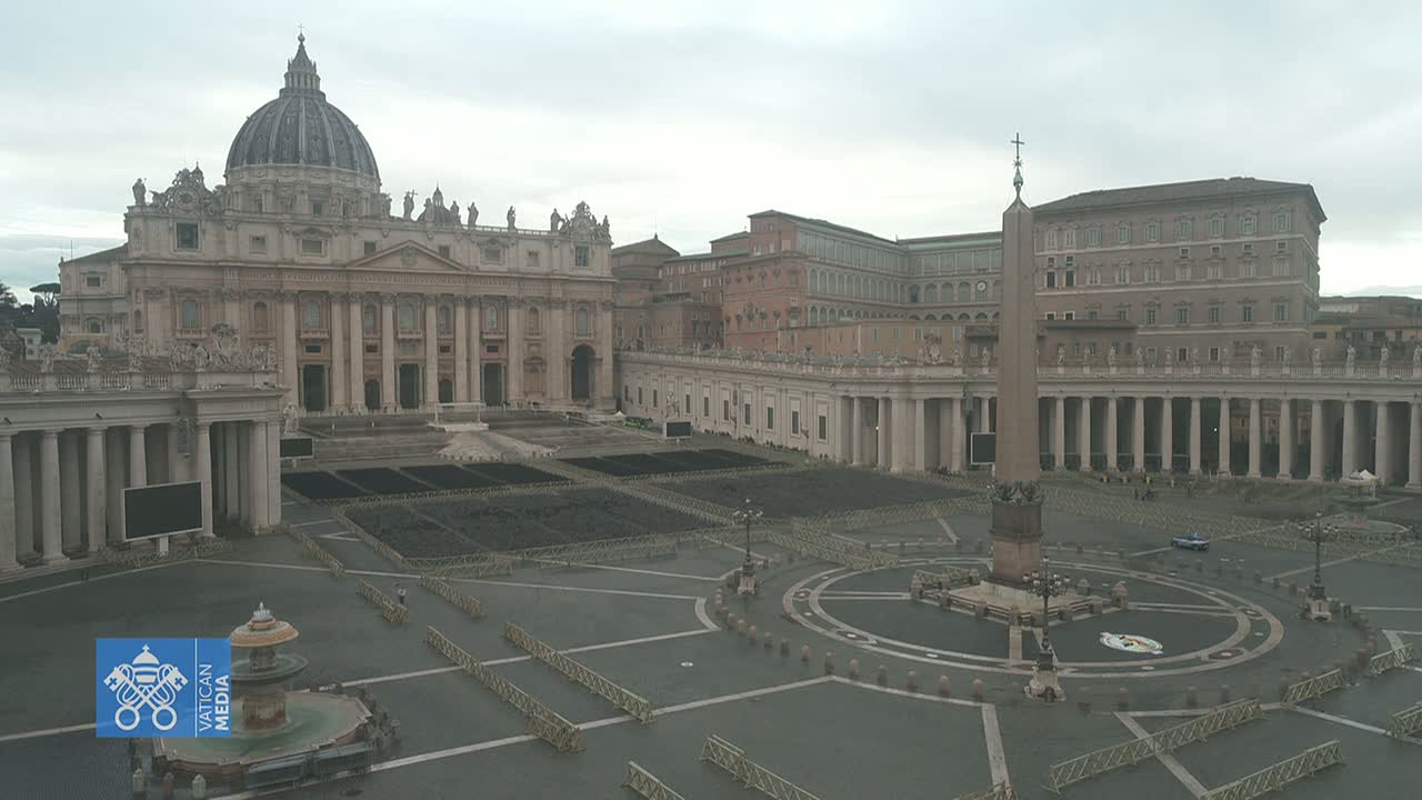 St. Peter's Basilica and Square are nearly deserted under an overcast sky.