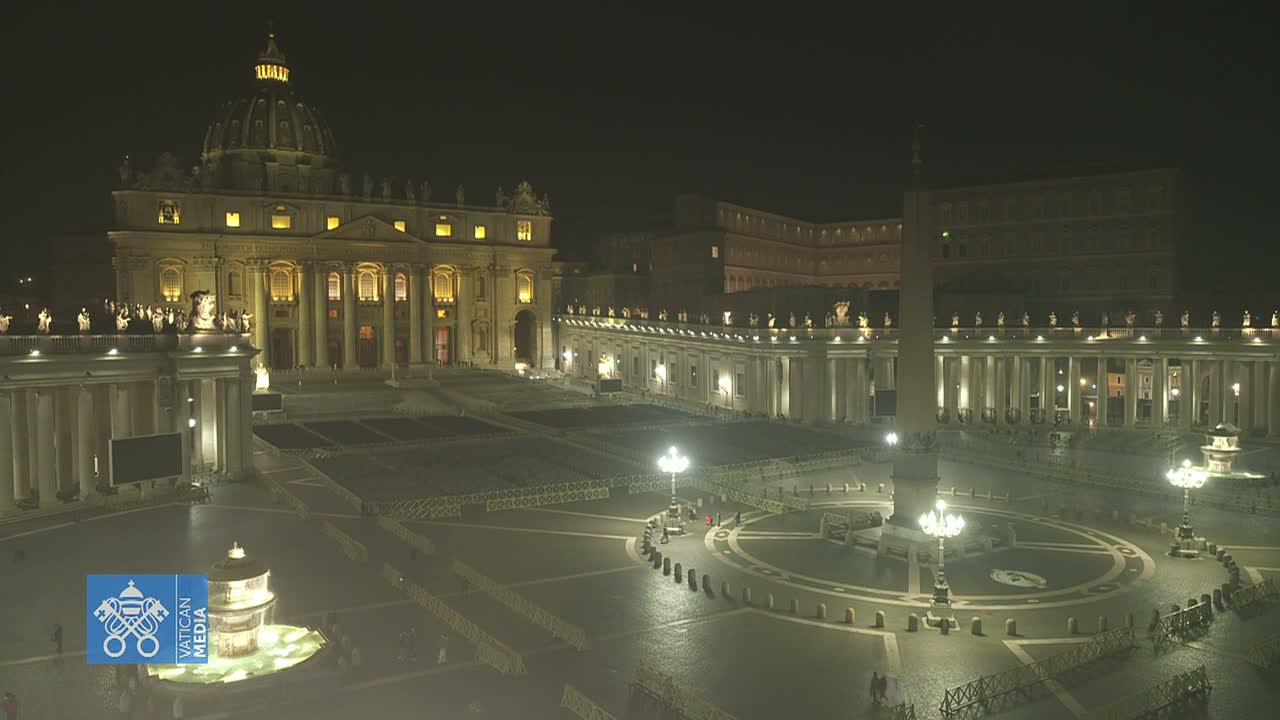 St. Peter's Basilica and Square at night, illuminated, with a mostly empty plaza.