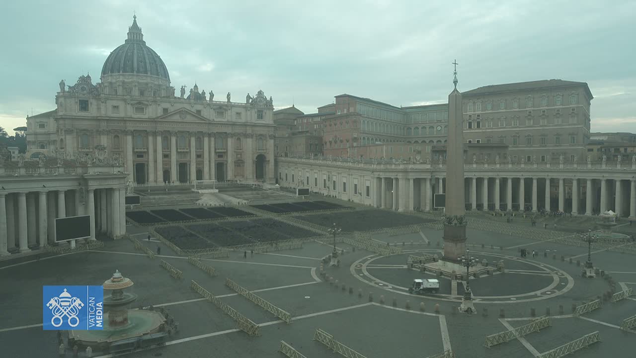 St. Peter's Basilica and St. Peter's Square are shown on an overcast day, with the square largely empty except for some barriers and a few people.