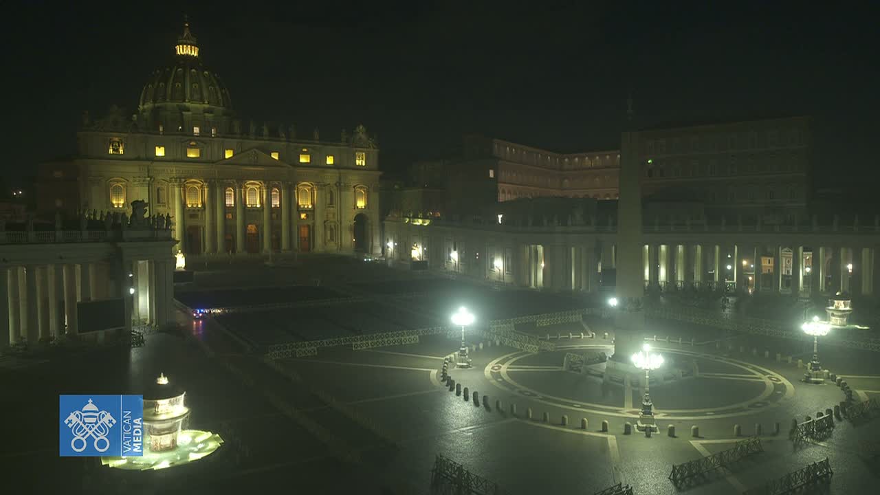 St. Peter's Basilica and Square at night, illuminated, with a wet, empty plaza.
