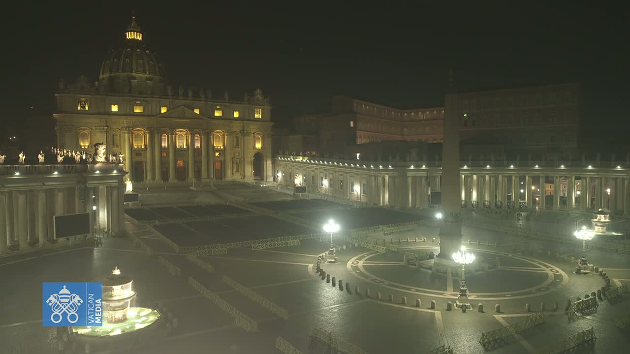 St. Peter's Basilica and Square at night, illuminated, mostly empty, under a clear, dark sky.