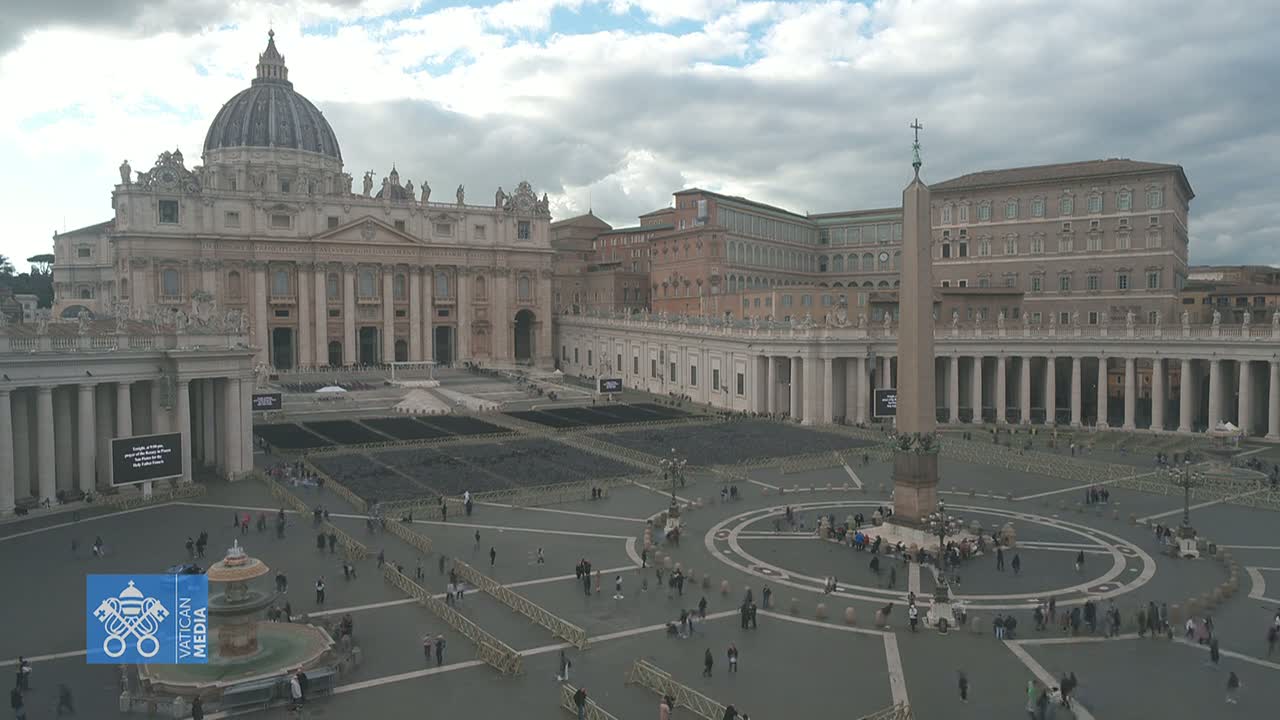 St. Peter's Basilica and St. Peter's Square in Vatican City are shown on an overcast day, with a sparsely populated square and sections cordoned off.
