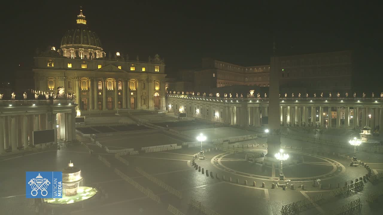 St. Peter's Basilica and Square at night, illuminated, with a mostly empty plaza.