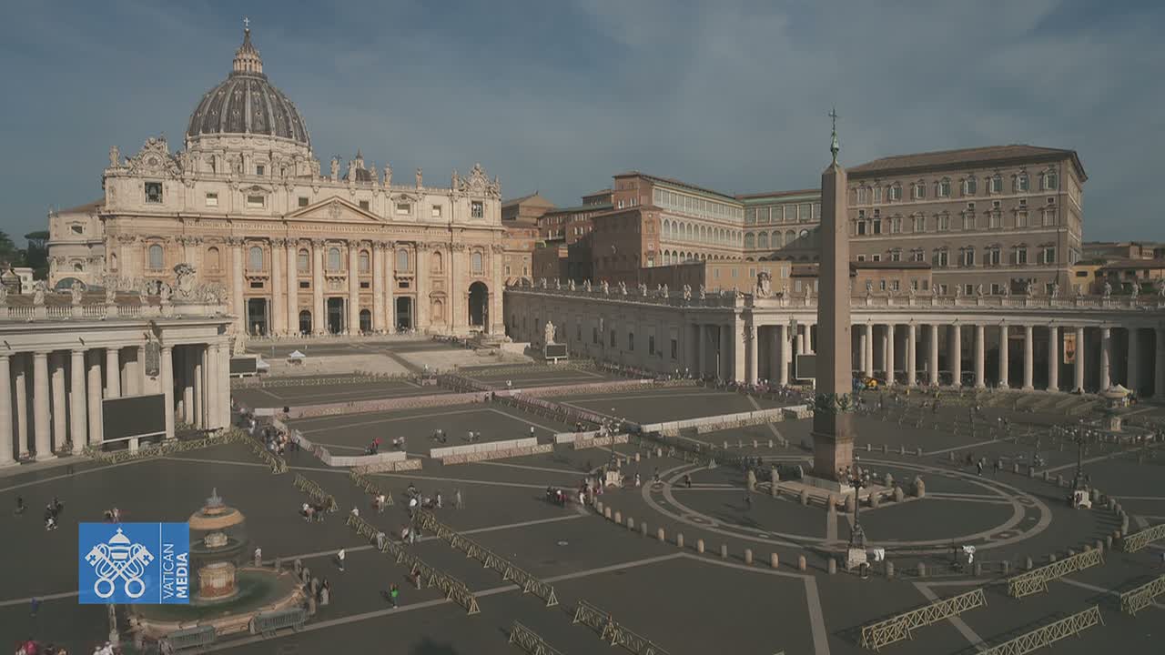 St. Peter's Basilica and St. Peter's Square are shown on a sunny day with sparse crowds.