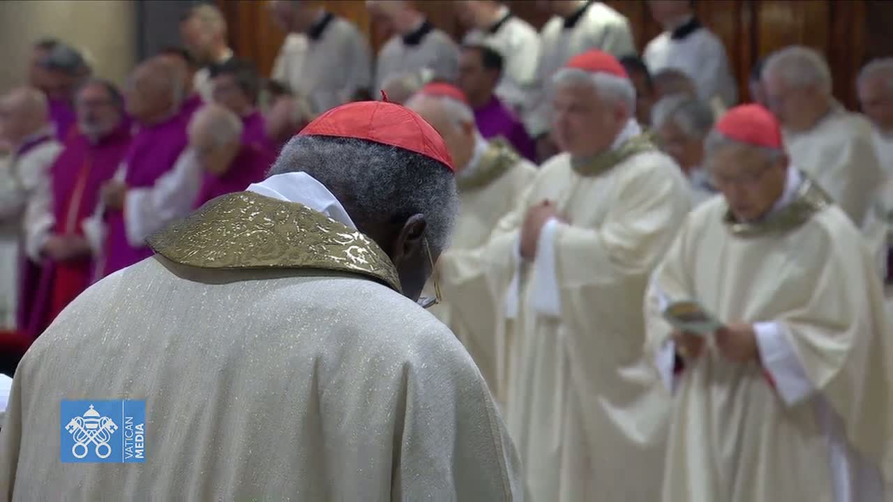 The back of a cardinal in a red hat and white robe is in focus, while many other cardinals in white robes are blurred in the background.