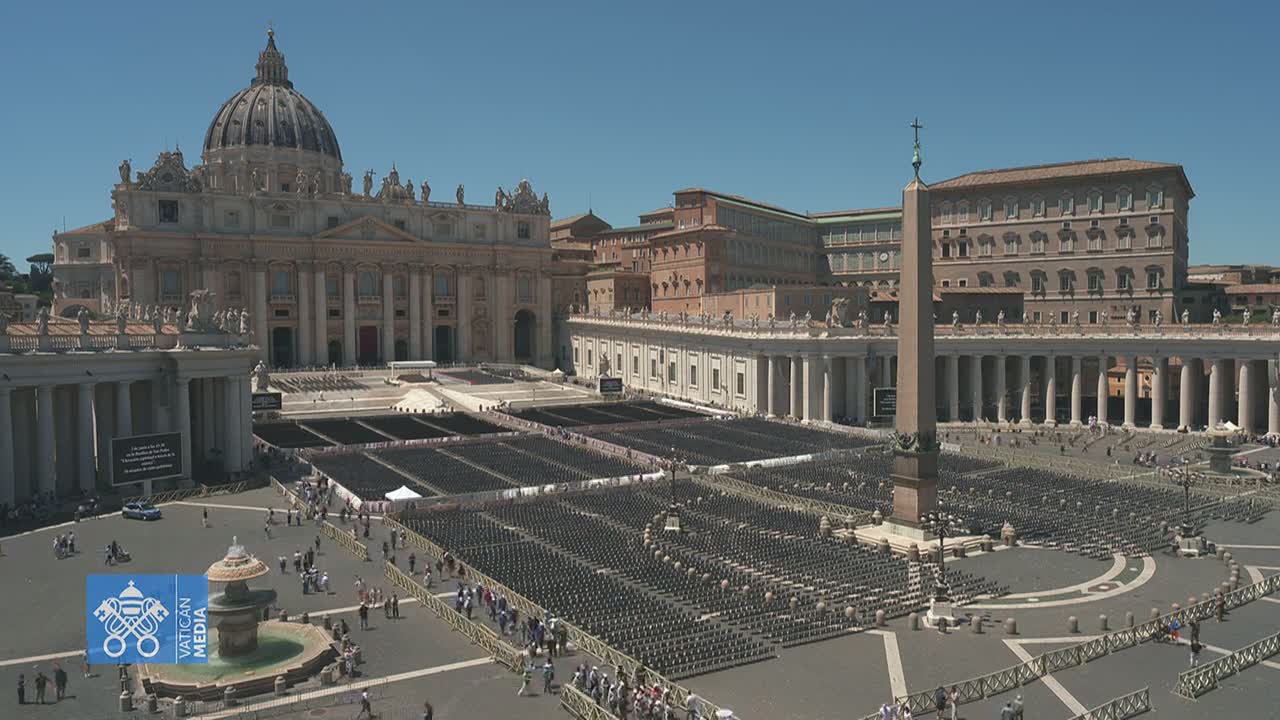 St. Peter's Basilica and Square in Vatican City are shown on a sunny day, filled with rows of empty chairs.