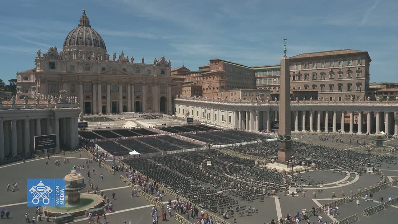 St. Peter's Square in Vatican City is filled with many rows of empty chairs under a clear, sunny sky.