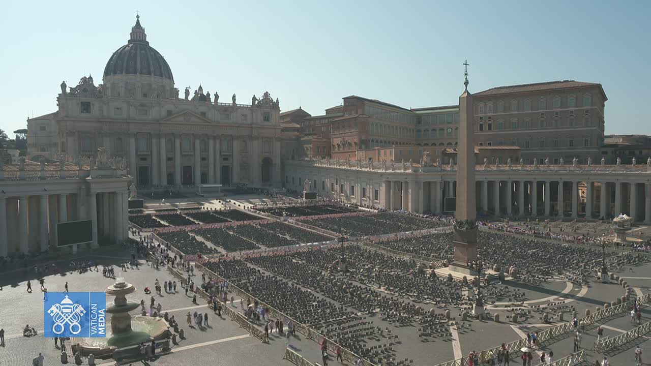 St. Peter's Basilica and Square are filled with many chairs under a clear, sunny sky.