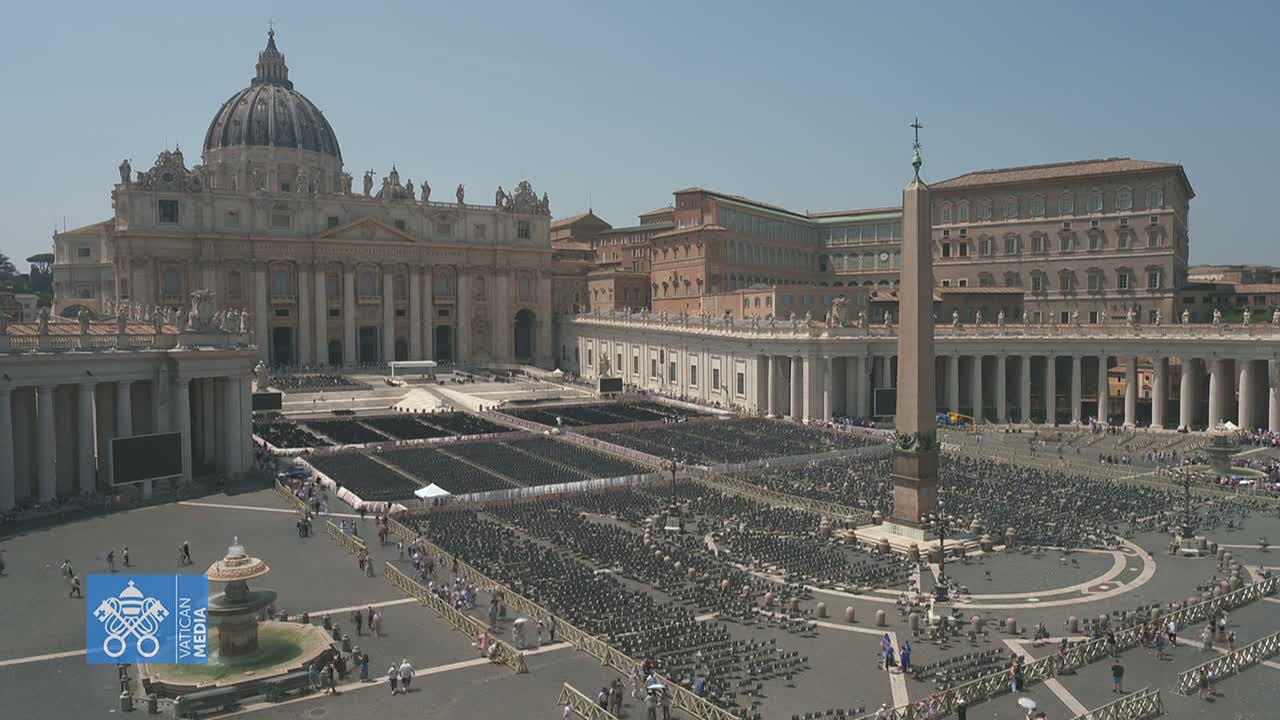 St. Peter's Basilica and Square in Vatican City are filled with many empty chairs under a bright, sunny sky.