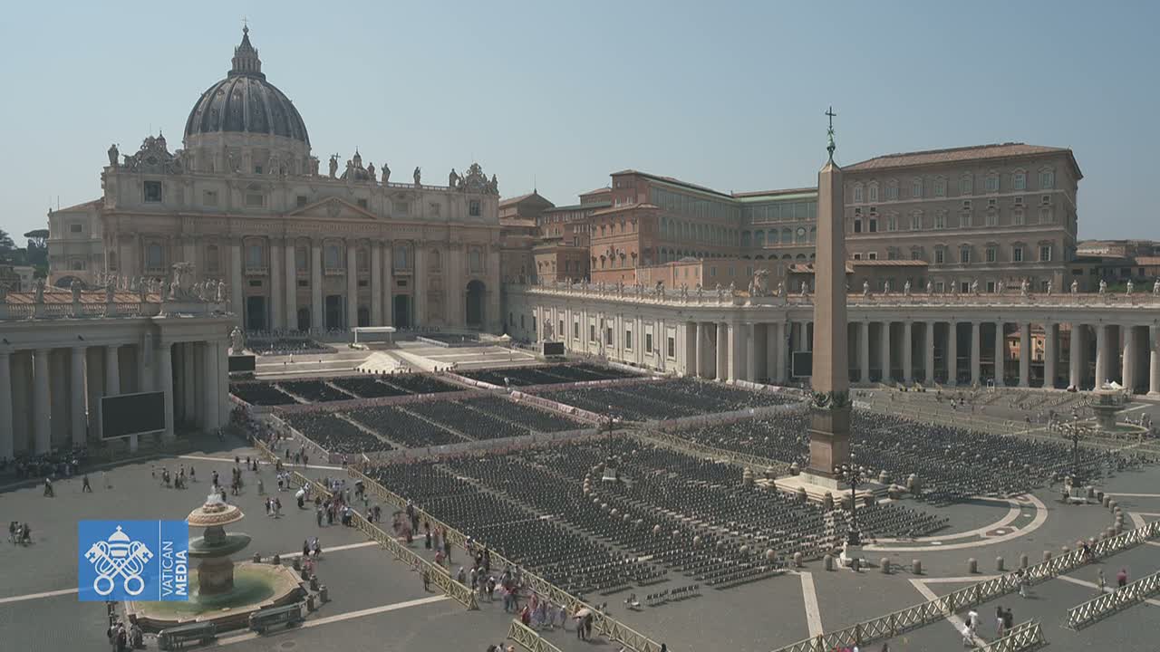 St. Peter's Basilica and Square in Vatican City are filled with many rows of empty chairs under a bright sunny sky.
