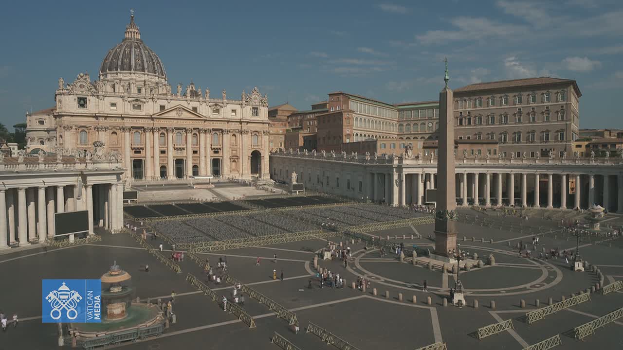 St. Peter's Basilica and Square are shown on a sunny day with a sparsely populated plaza.