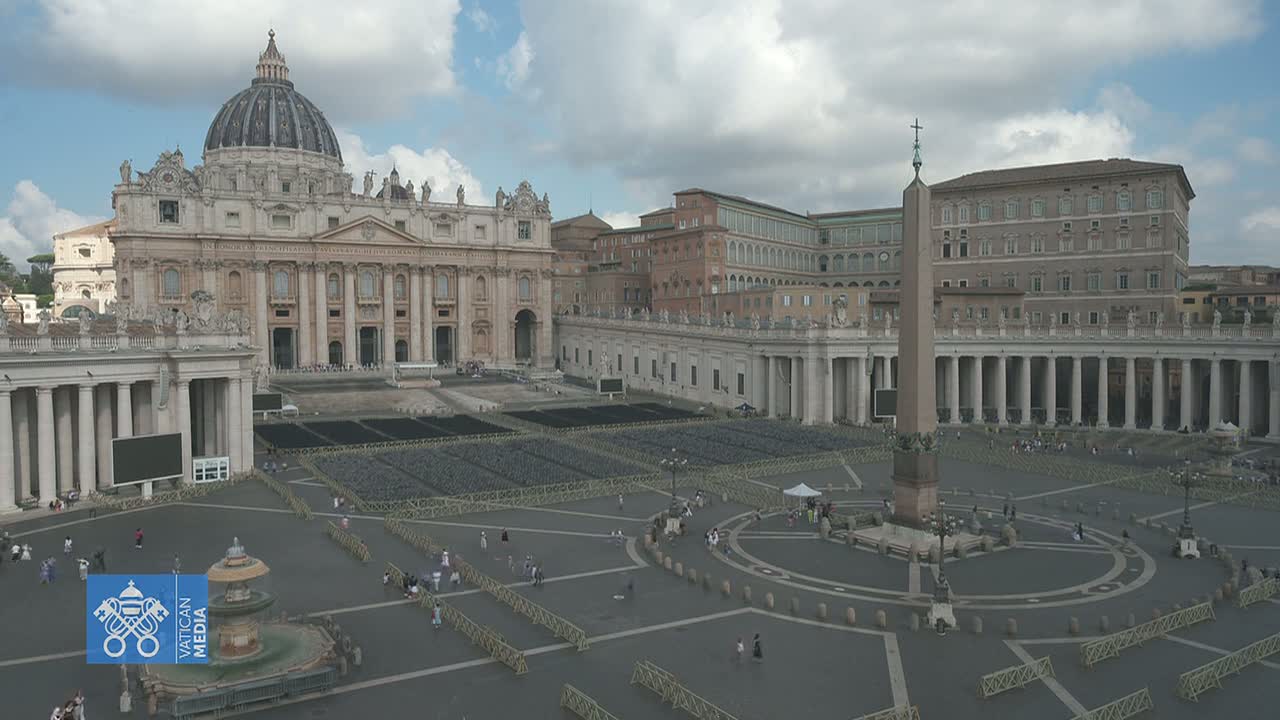St. Peter's Basilica and square are shown on a partly cloudy day with many people sparsely spread throughout the area.