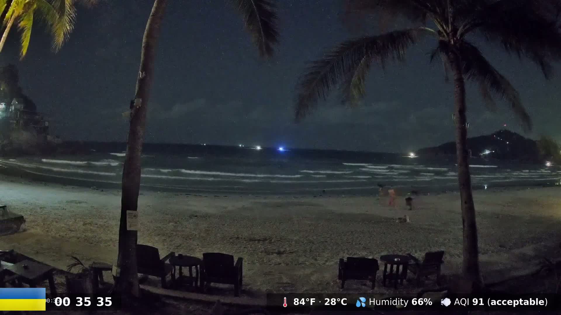 Under a starry night sky, gentle waves lap a sandy beach where a few people are gathered near palm trees and outdoor seating.
