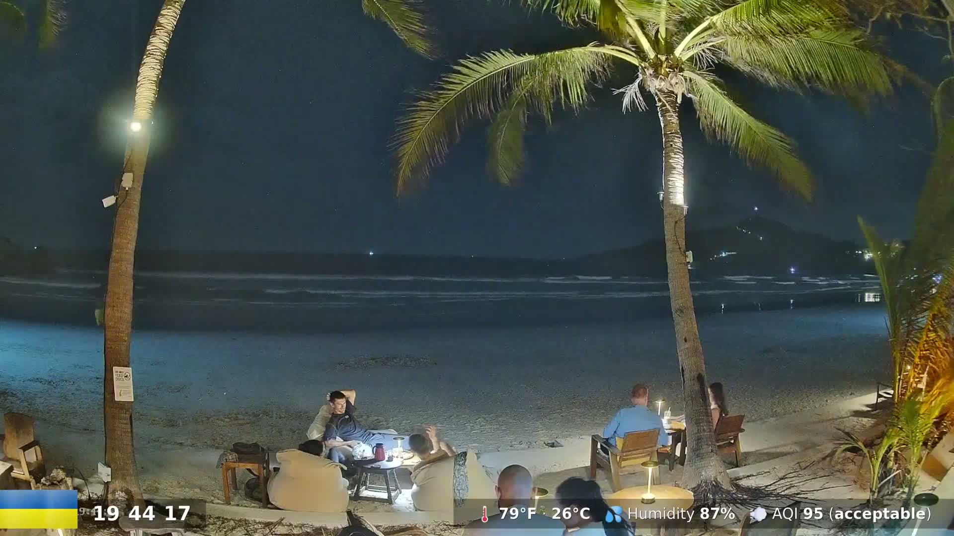Several people sit at small tables on a sandy beach at night, under palm trees, overlooking a gently lapping ocean under a clear, starry sky.