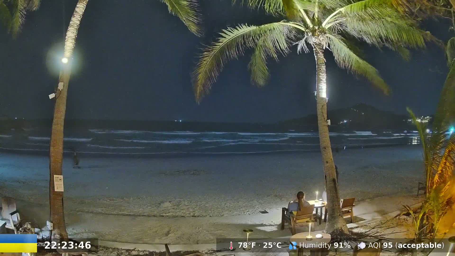 A person sits at a table on a sandy beach at night, under palm trees, with gentle waves lapping the shore.