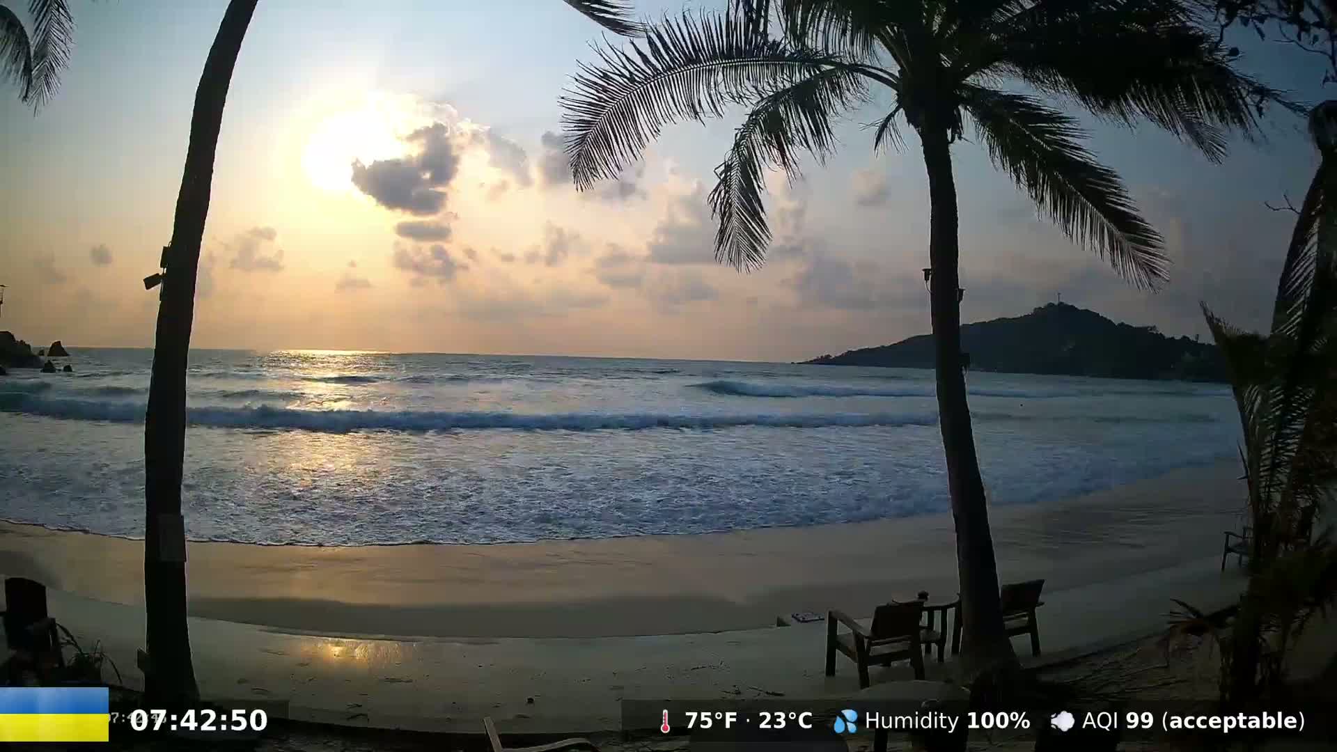 A partly cloudy sunset over a beach with gentle waves, viewed from behind two palm trees.