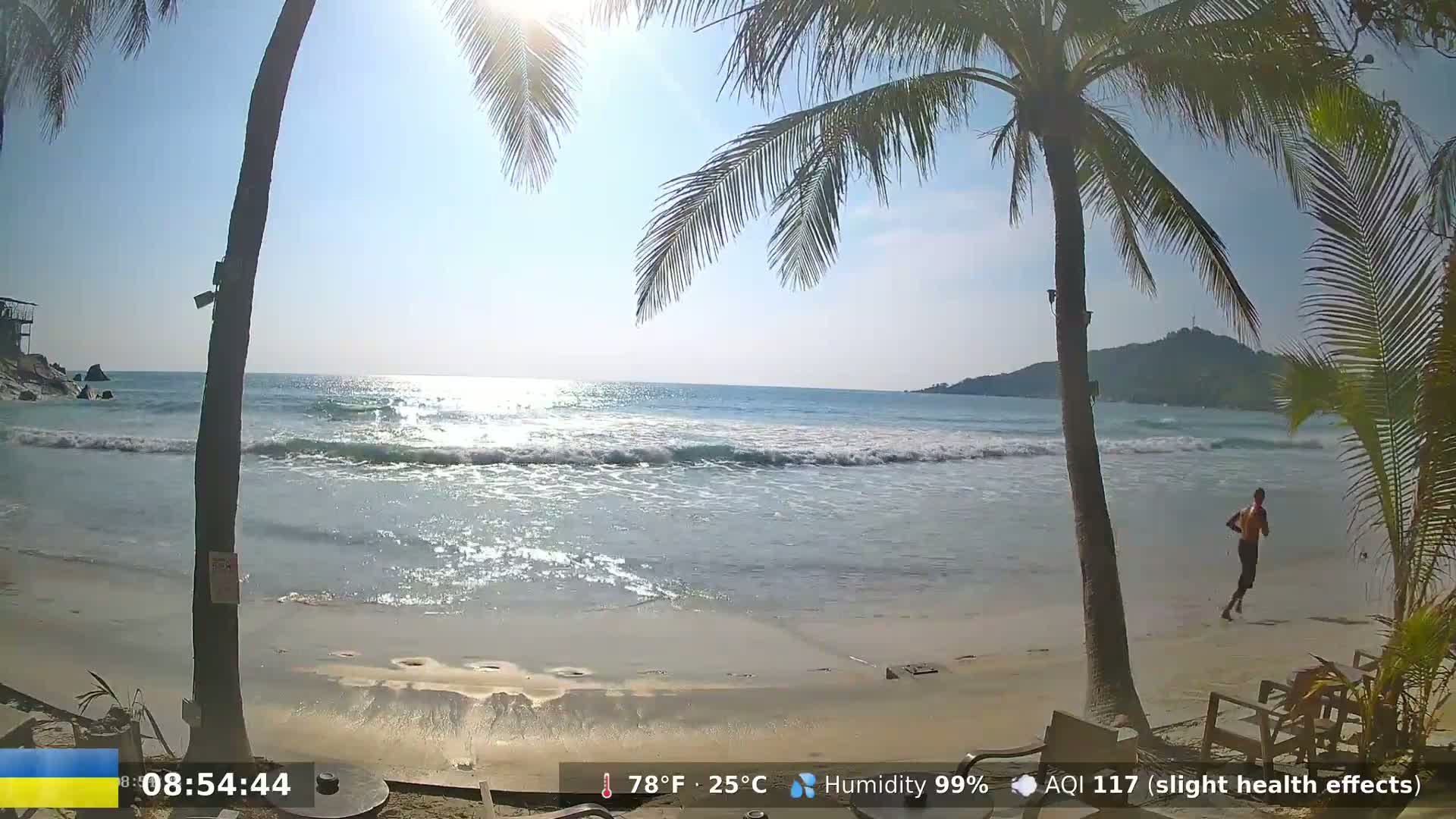 A person runs along a sandy beach on a sunny day with 99% humidity, under the shade of palm trees, as waves gently lap the shore.