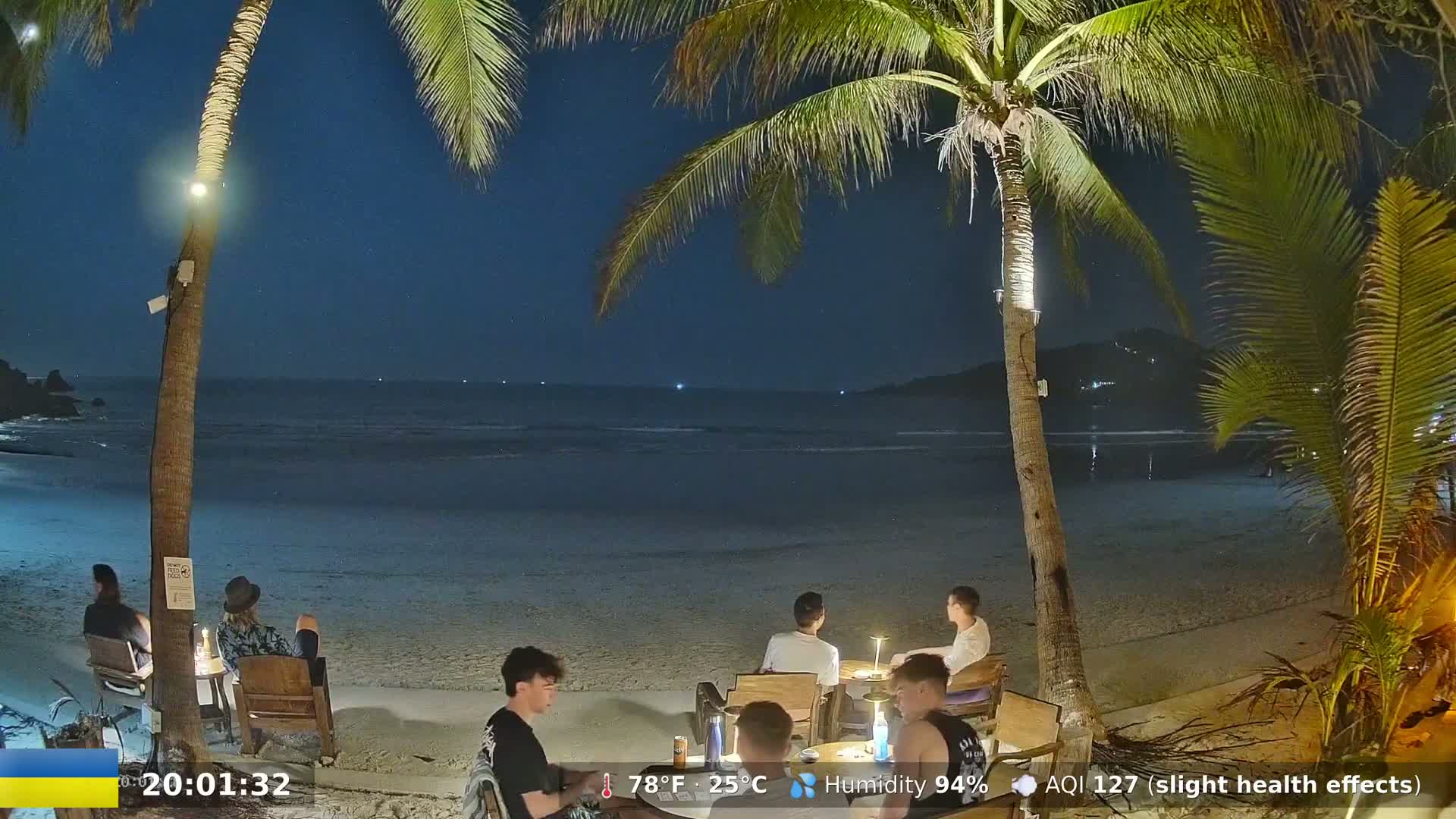 Several people are seated at outdoor tables on a beach at night under a clear, dark sky illuminated by lights and the moon, next to palm trees.
