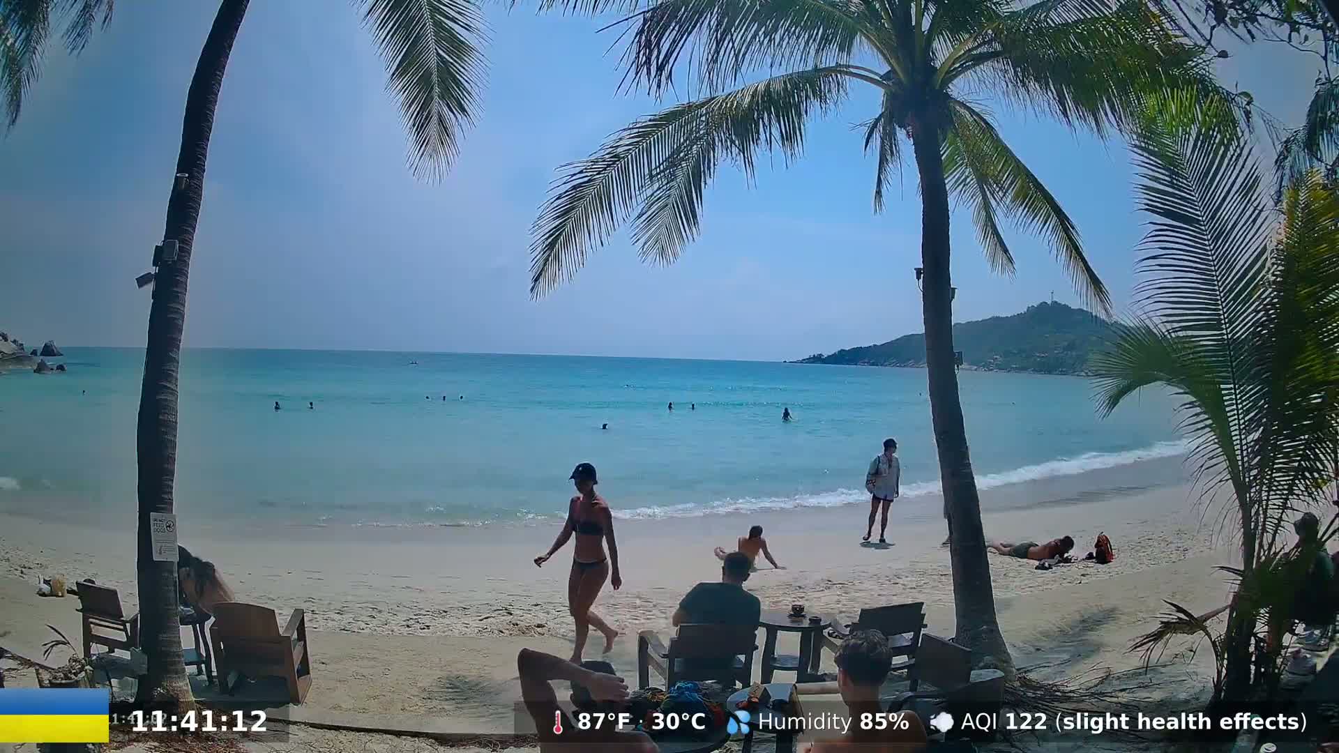 A sunny beach scene shows calm, turquoise water lapping a sandy shore where several people relax under palm trees.
