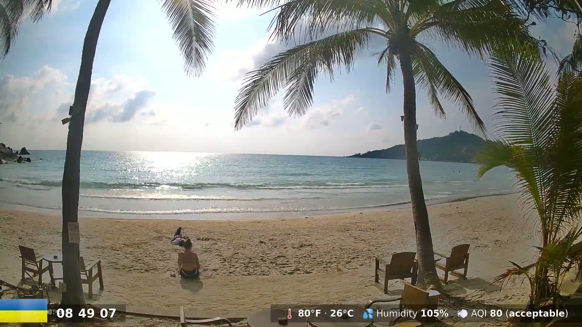 A sunny beach scene shows a calm ocean, palm trees, two people relaxing on the sand, and outdoor beach furniture.