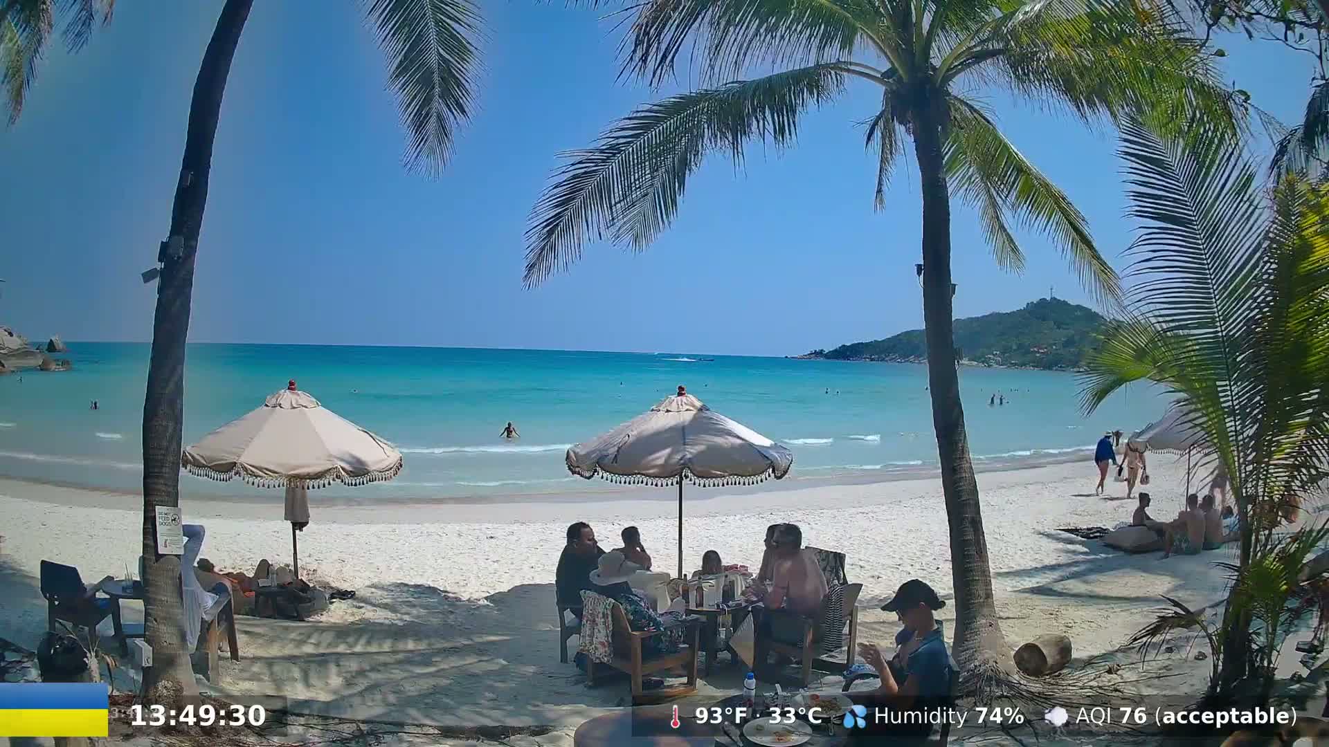 A sunny beach scene shows several people sitting under beach umbrellas near turquoise water, with palm trees in the foreground and a hill visible in the distance.
