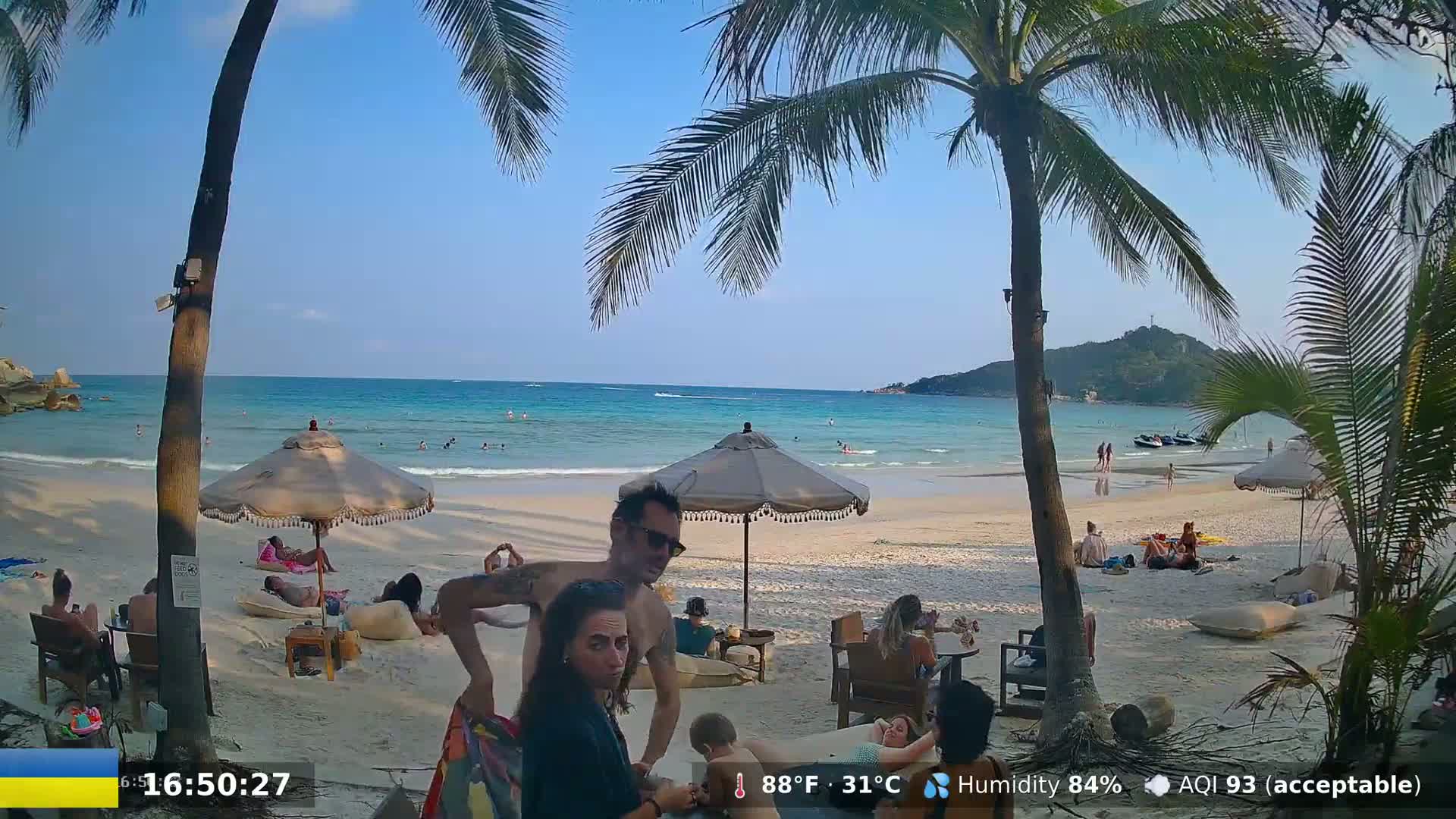A tropical beach scene shows people relaxing under umbrellas on a sandy beach with calm, turquoise water and palm trees under a clear, sunny sky.