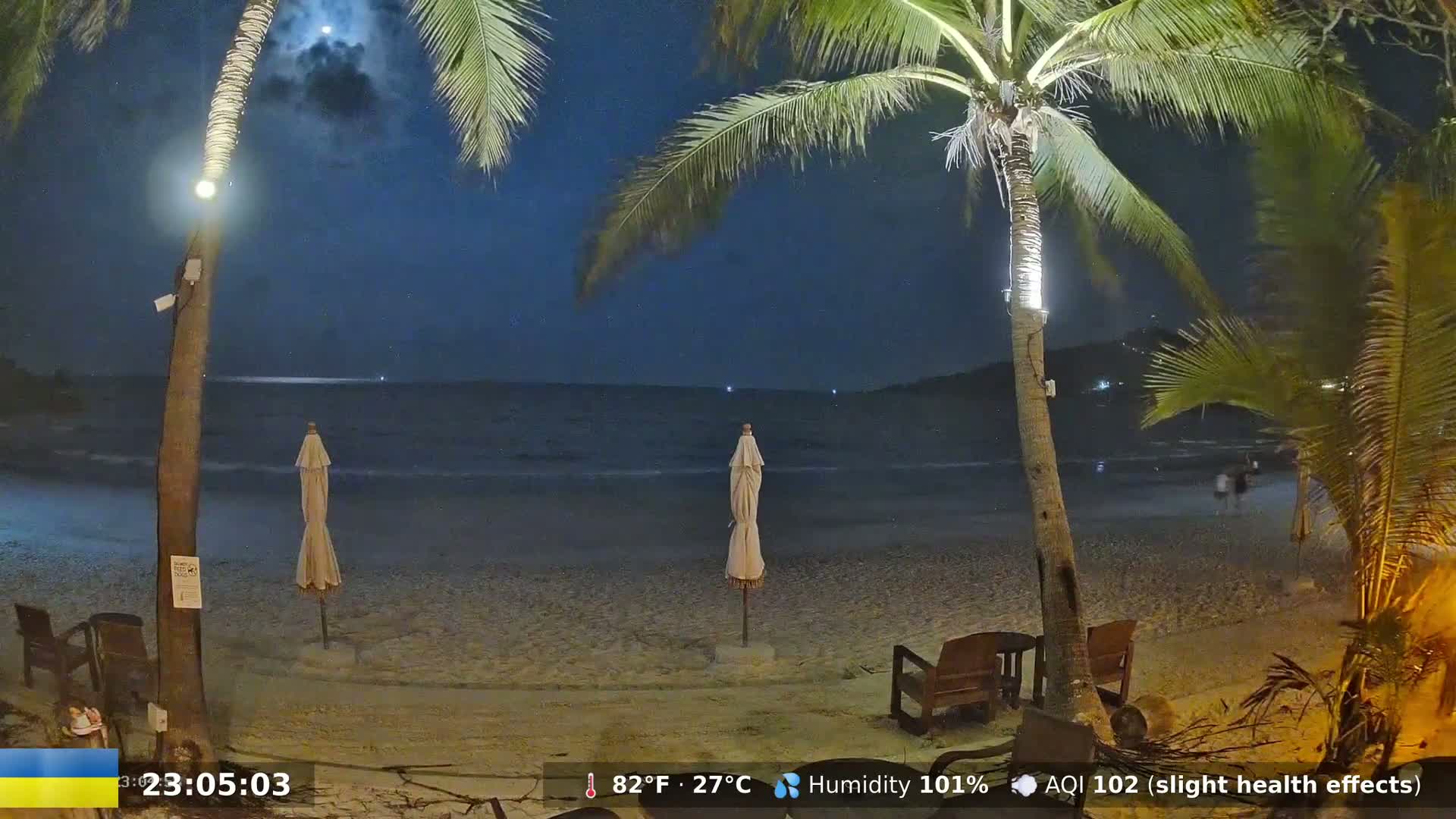 A nighttime beach scene under a partly cloudy moonlit sky shows calm ocean waves lapping a sandy shore, with palm trees, beach umbrellas, and outdoor furniture nearby.