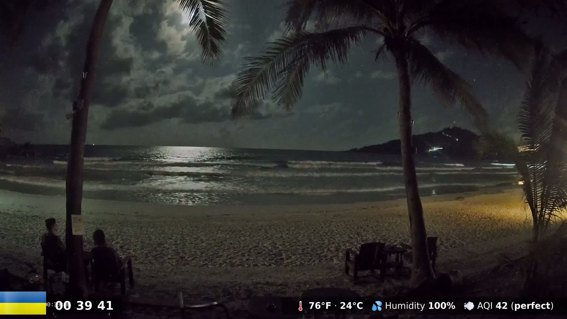 Two people sit at a table on a dark sandy beach at night under a partly cloudy sky, with a calm ocean and palm trees in the foreground.