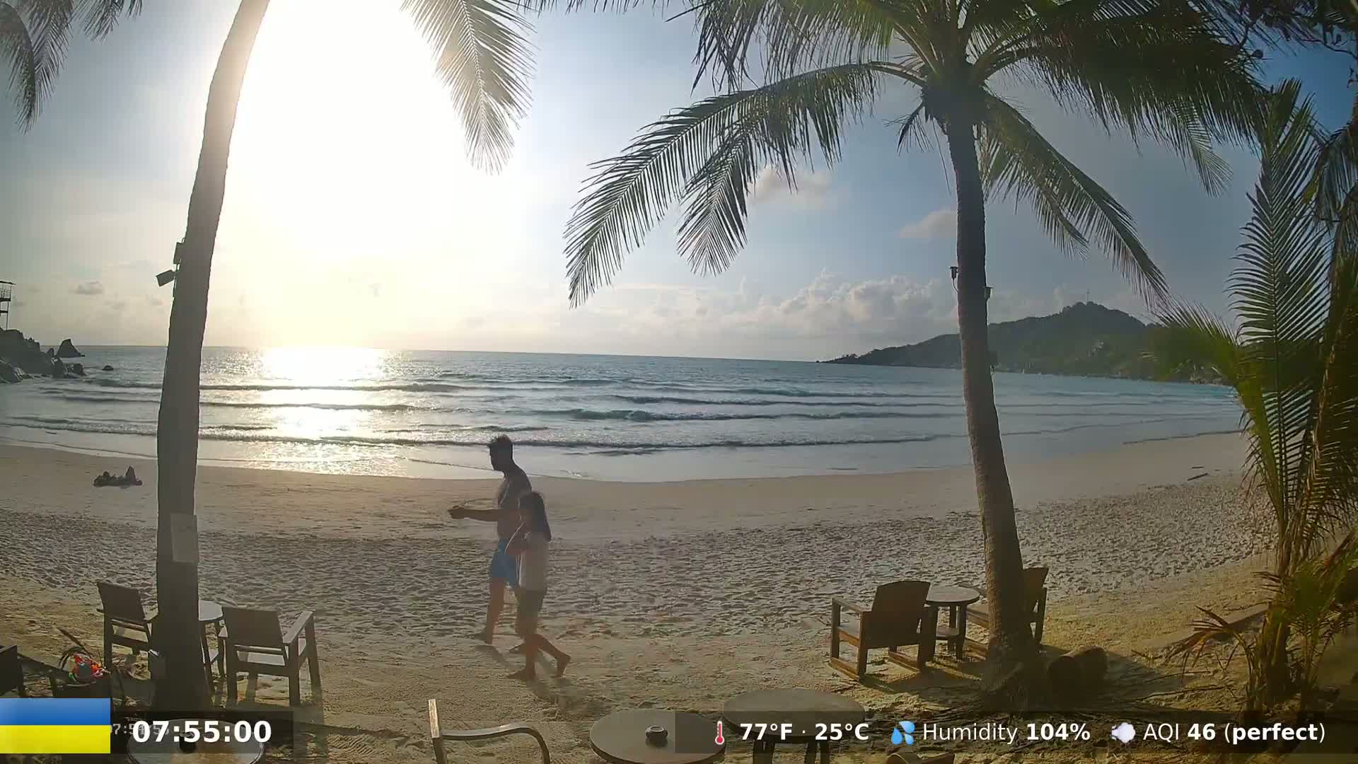 A couple walks on a sandy beach near palm trees under a partly sunny sky with calm ocean waves.