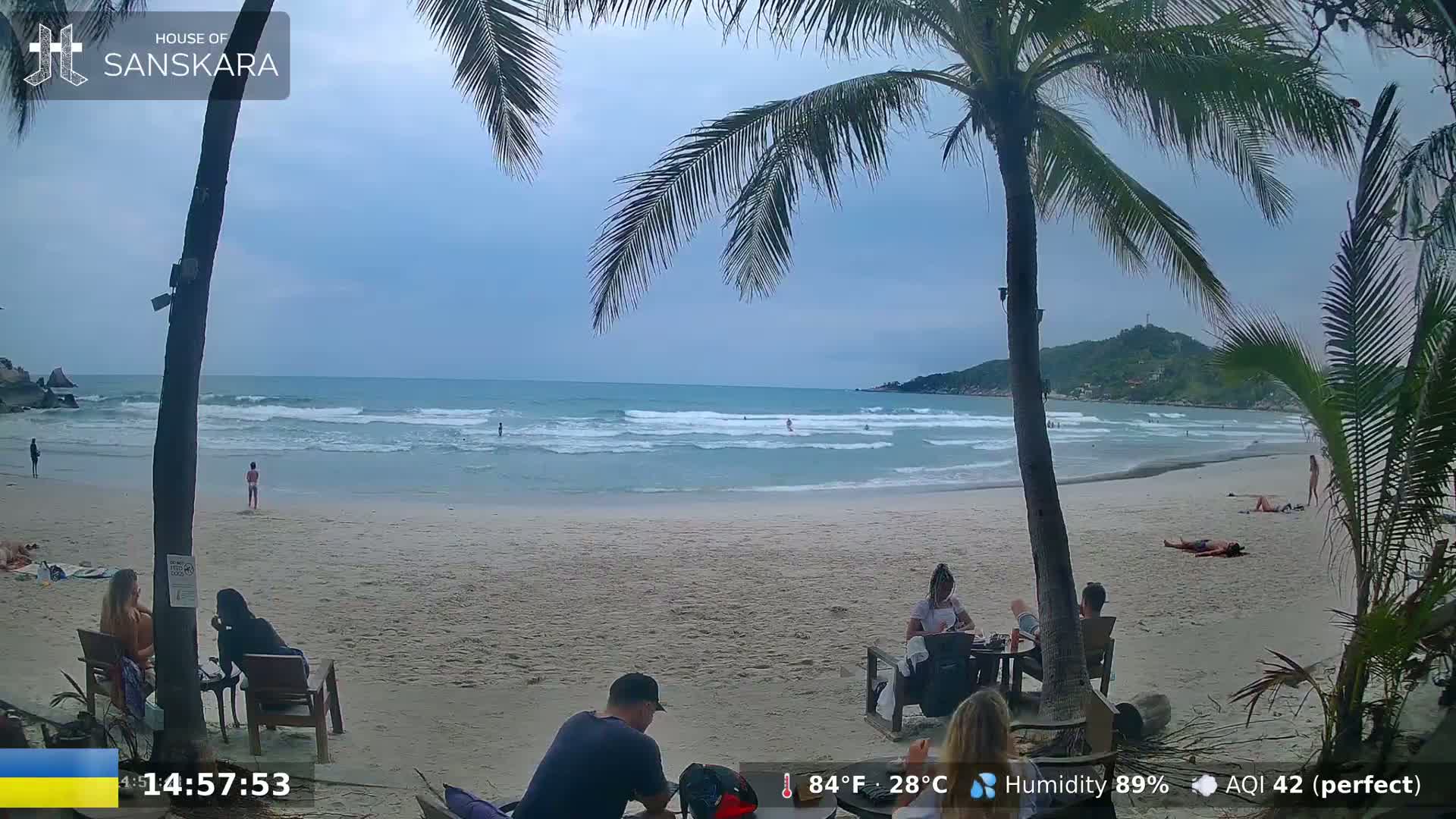 A sandy beach with light waves, palm trees, and several people sitting and lying on the sand under an overcast sky.