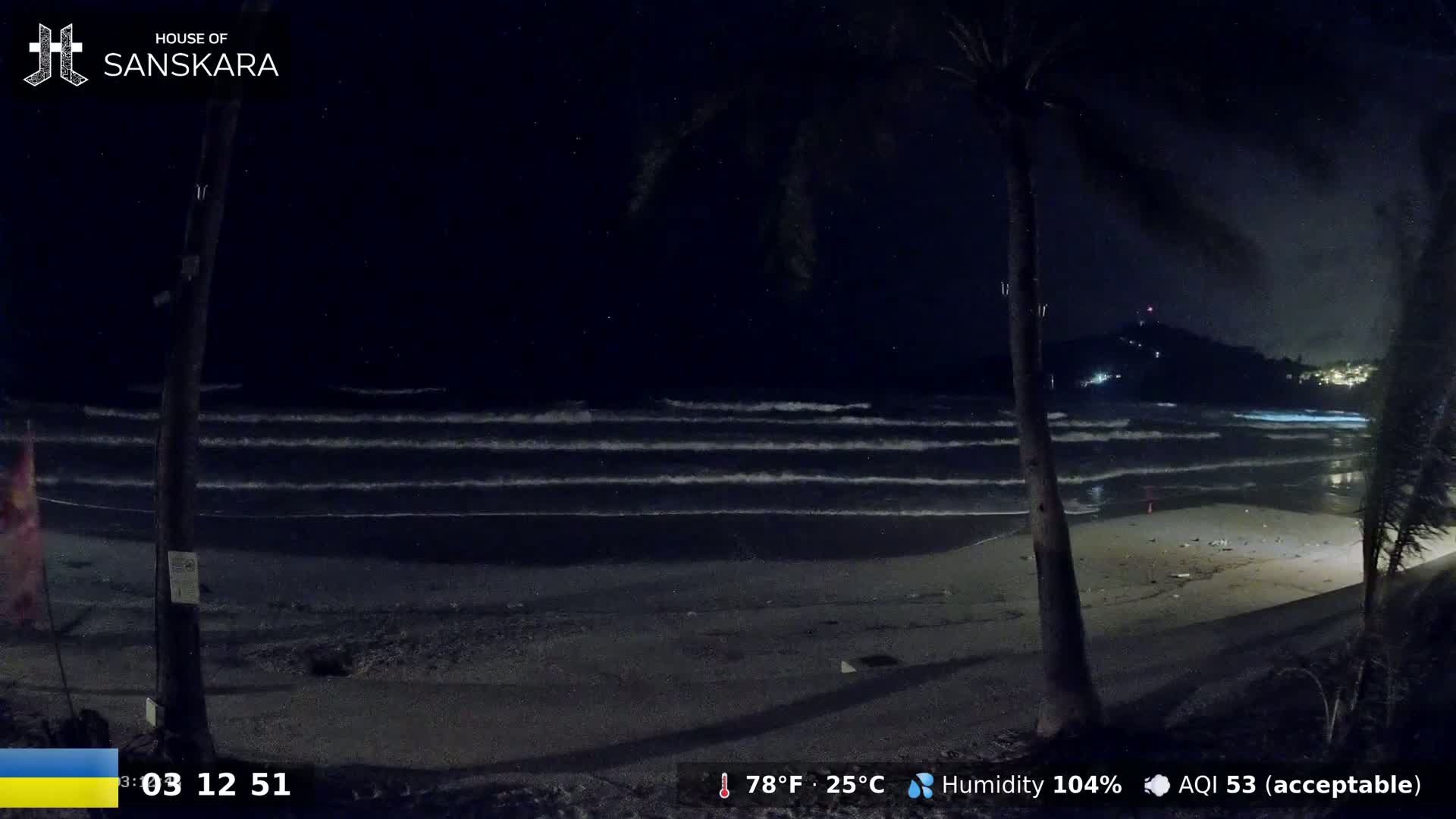 A nighttime beach scene shows gently rolling waves lapping a sandy shore under a dark sky.