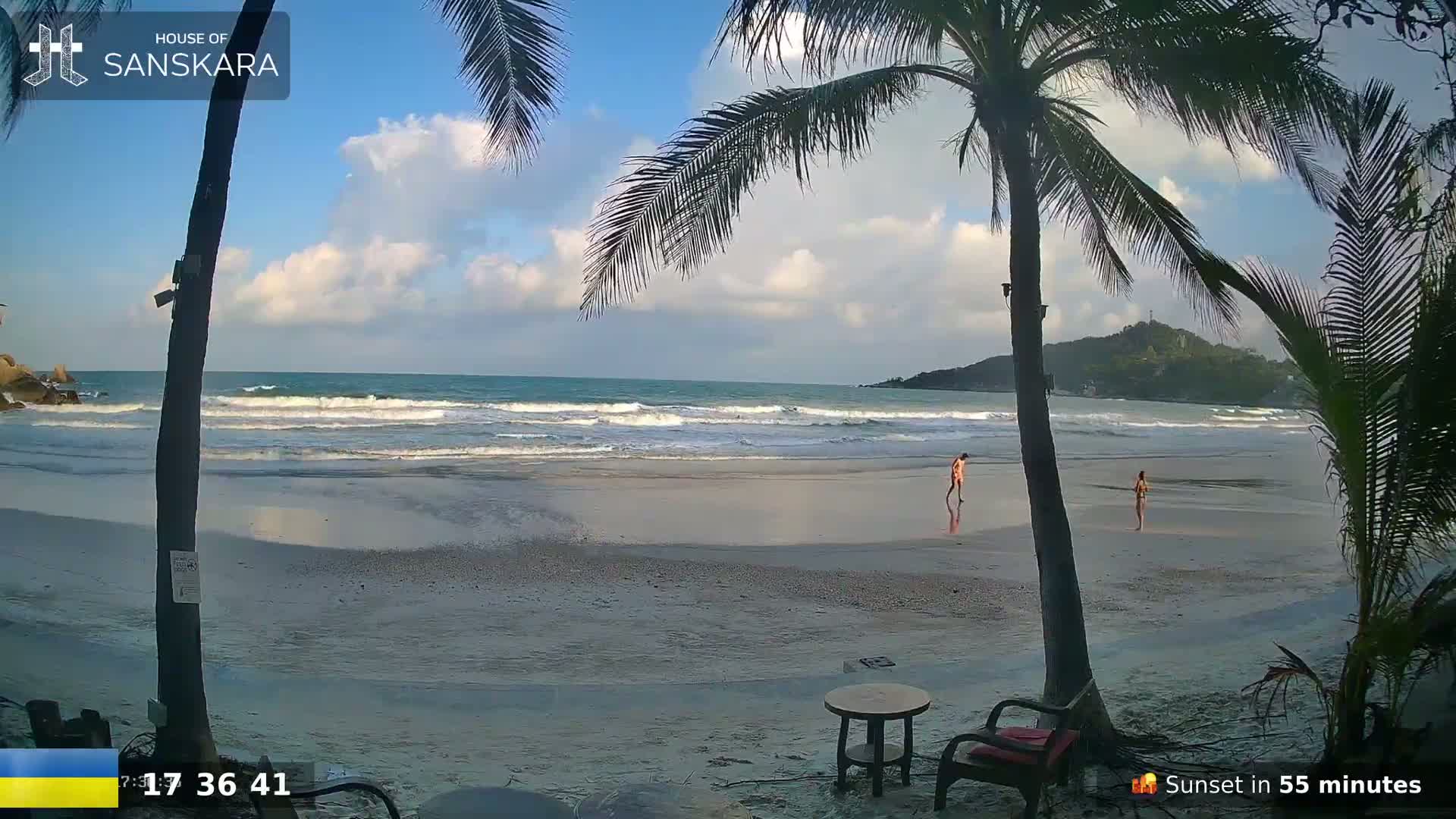 A sandy beach with gentle waves, partially obscured by palm trees, under a partly cloudy blue sky.