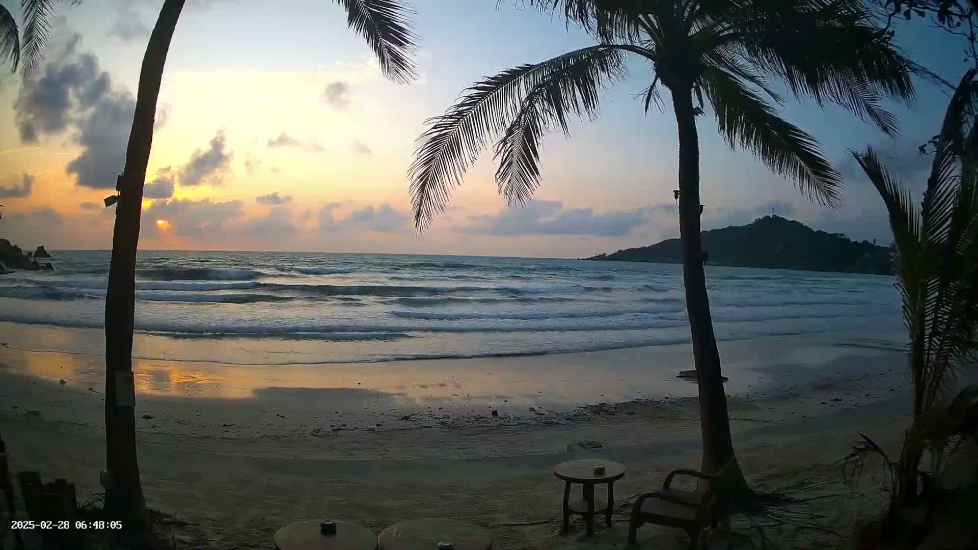 A sandy beach at sunset with gentle waves lapping the shore, framed by palm trees and a distant island.
