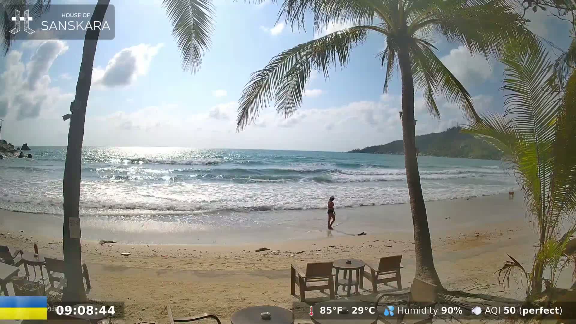 A person walks along a sandy beach with gentle waves under a partly cloudy sky, palm trees framing the scene.