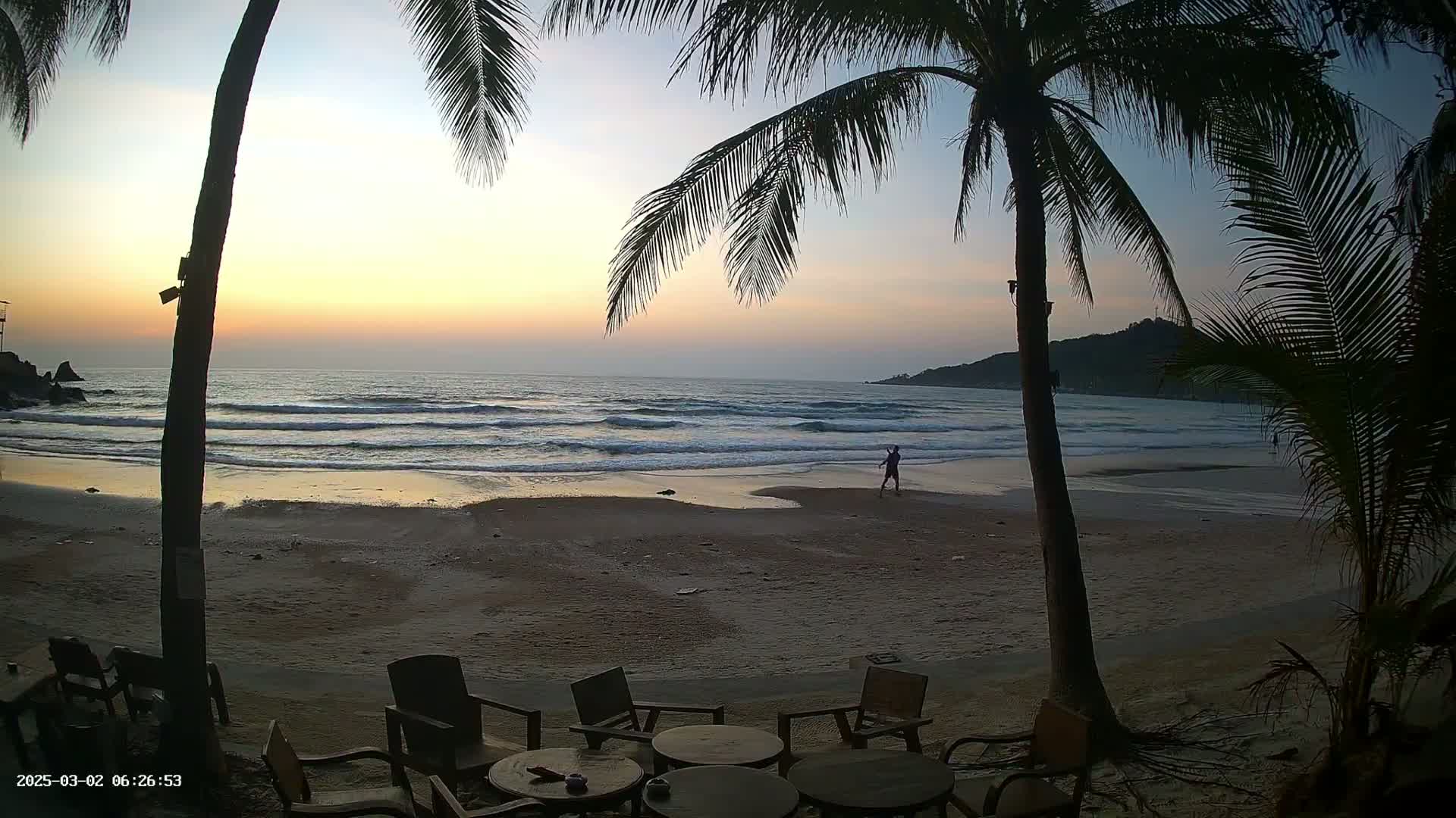 A person walks along a sandy beach at sunset, framed by palm trees and gently rolling waves.