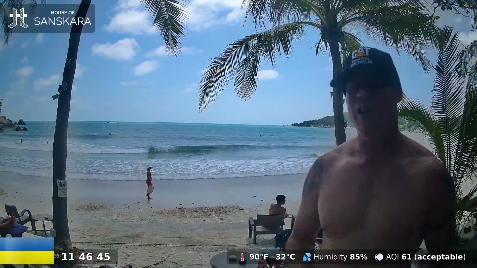A shirtless man stands in front of a sunny beach scene with palm trees, light blue water with small waves, and a few people relaxing on the sand.