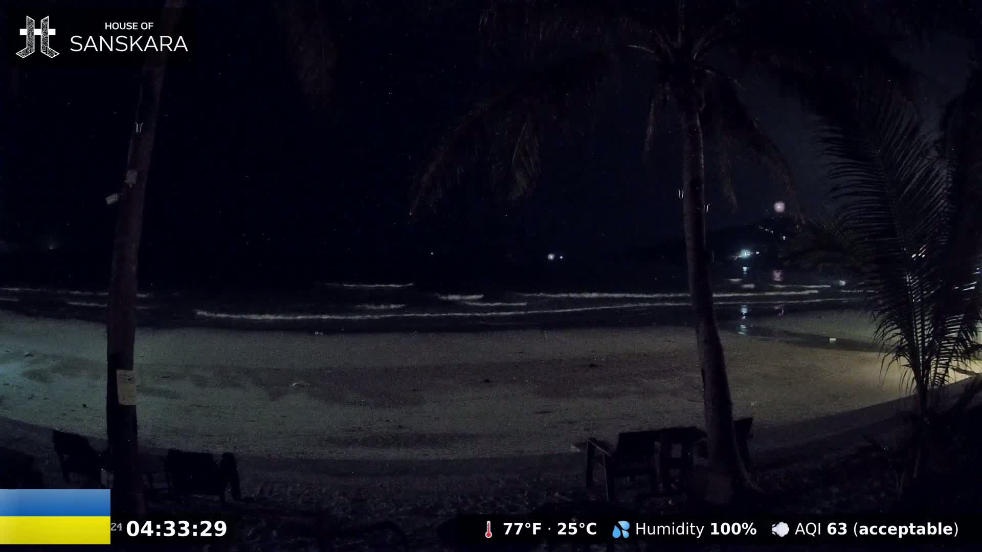 A dark, nighttime beach scene shows gentle waves lapping a sandy shore under a mostly clear sky, with palm trees silhouetted in the foreground.