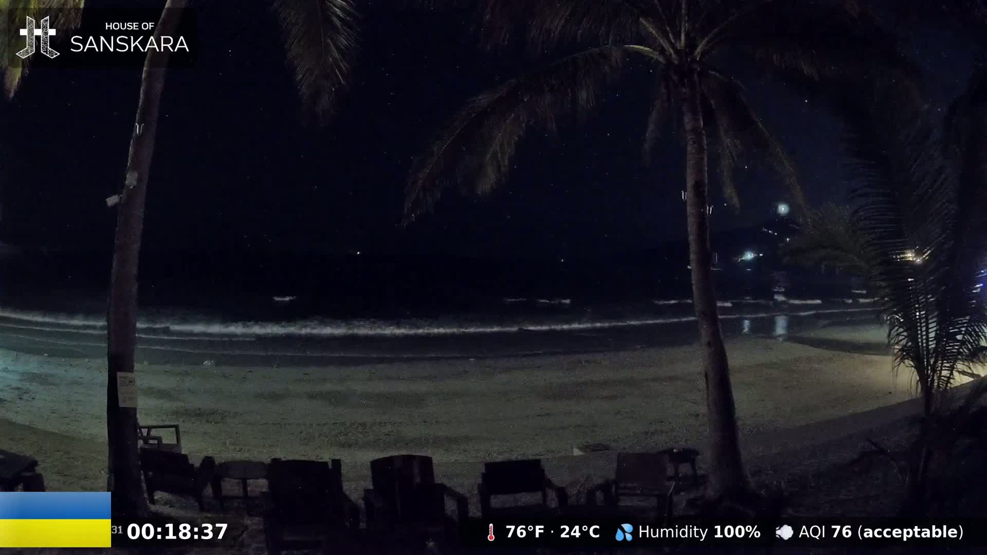 A nighttime beach scene under a starry sky shows calm waves lapping the shore, with palm trees and empty beach chairs in the foreground.