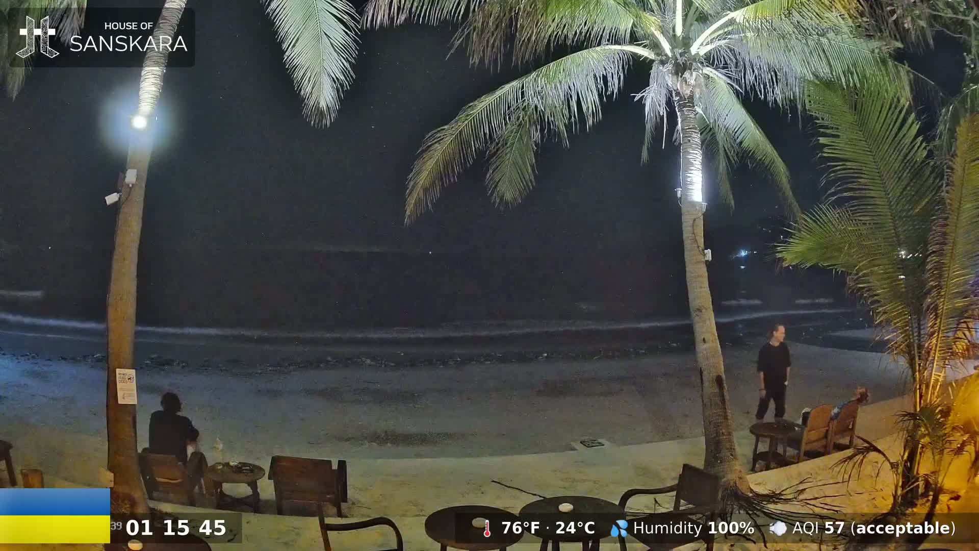 At night, under a humid sky with acceptable air quality, several people sit at outdoor tables near a dark ocean under palm trees on a sandy beach.