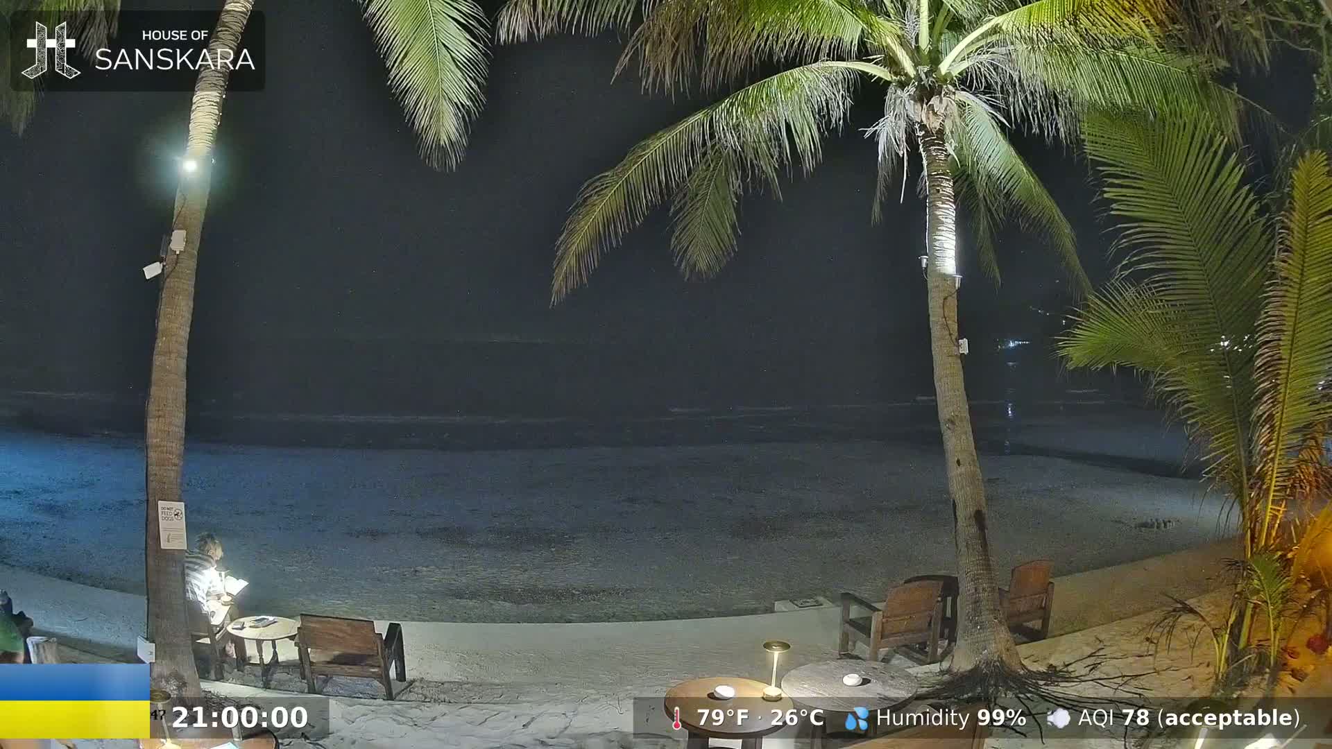 A nighttime beach scene with calm waves, palm trees, and outdoor seating.