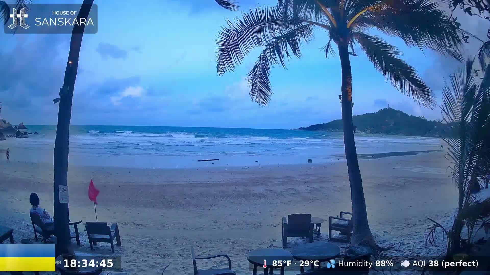 A person sits at an outdoor table on a sandy beach under palm trees, watching ocean waves roll in under a partly cloudy, twilight sky.