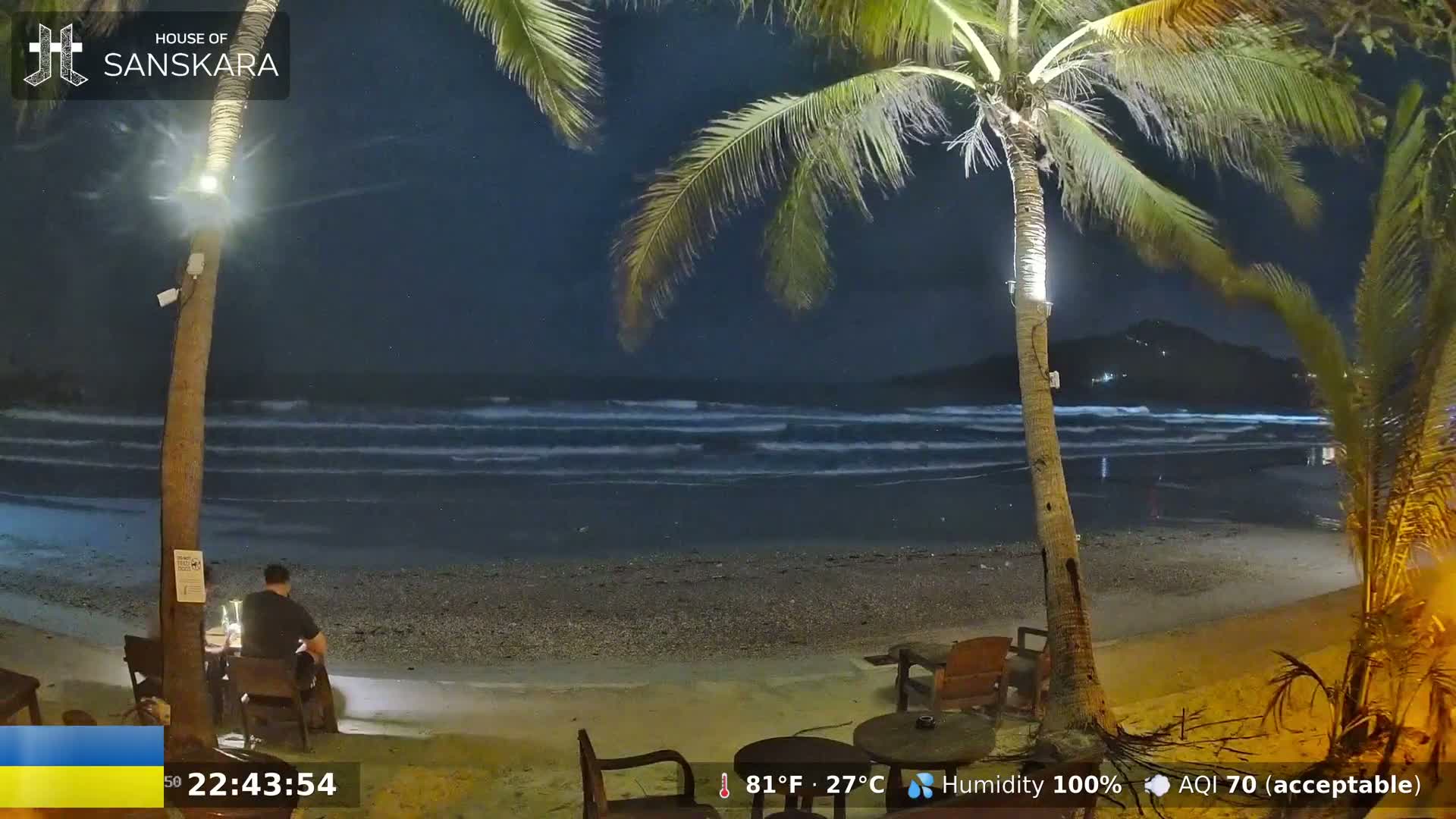 A couple sits at a table on a beach at night under palm trees, with gentle waves lapping the shore under a dark, clear sky.