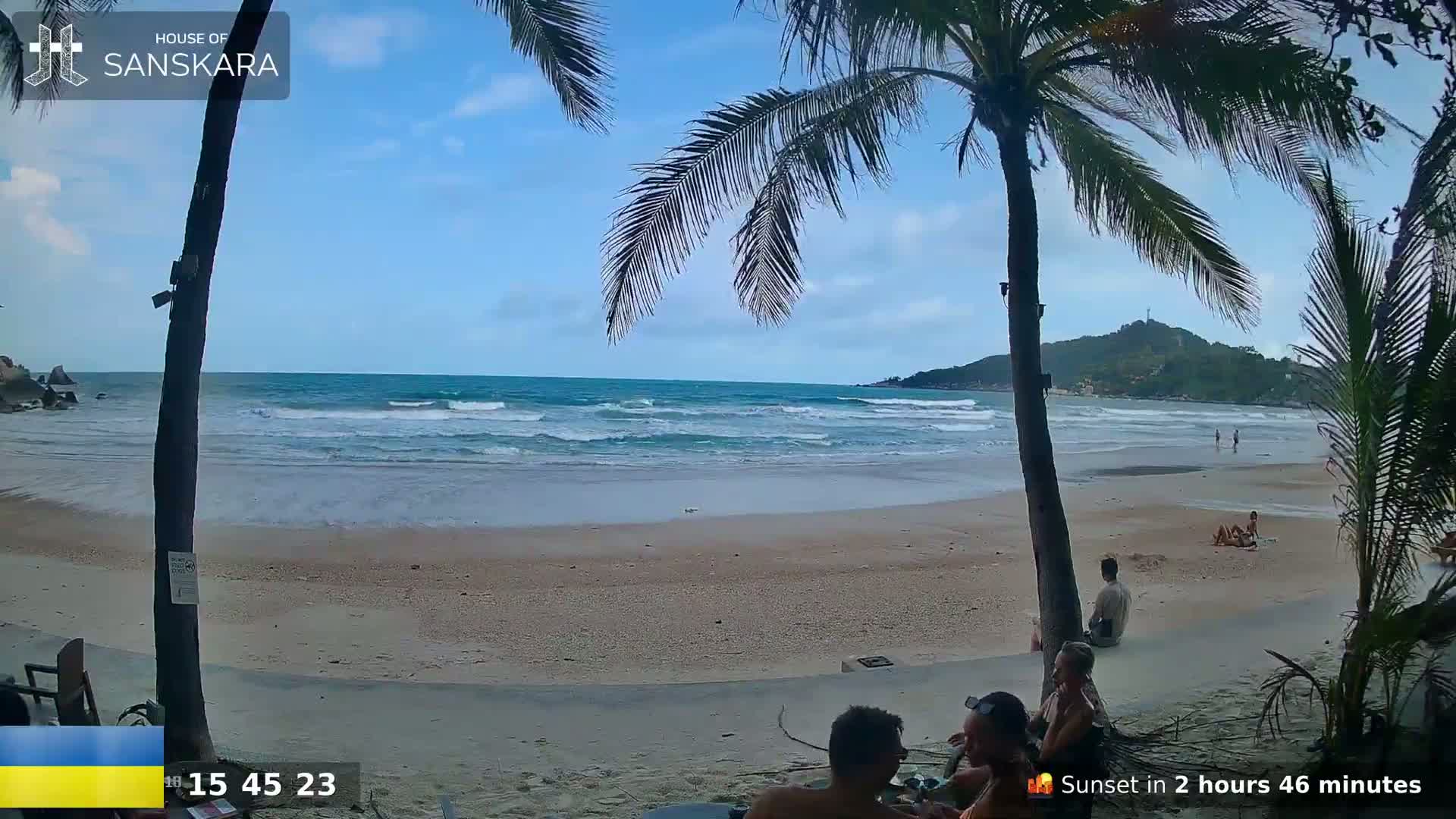 A sandy beach with light waves and a few people is seen from under palm trees on a partly sunny day.