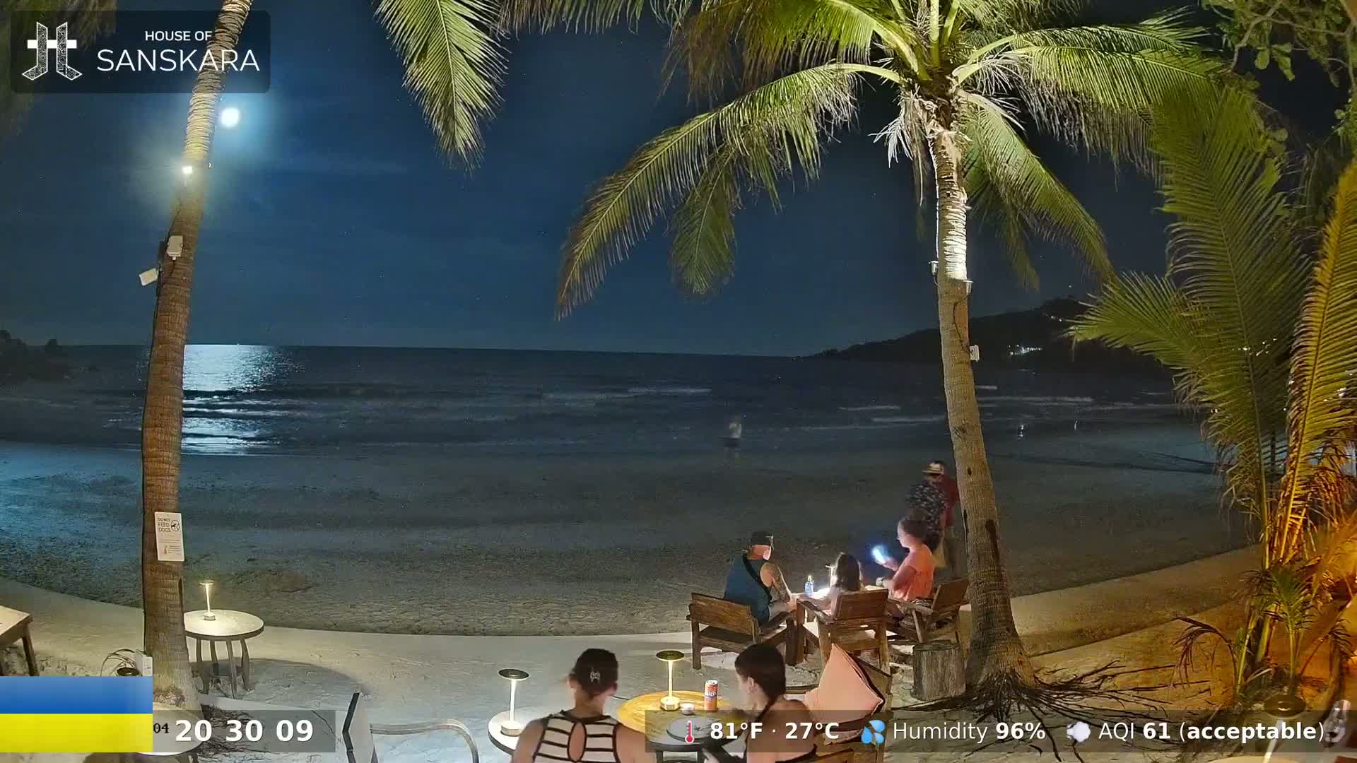 A moonlit beach scene at night shows people sitting at tables under palm trees, with a calm ocean in the background.