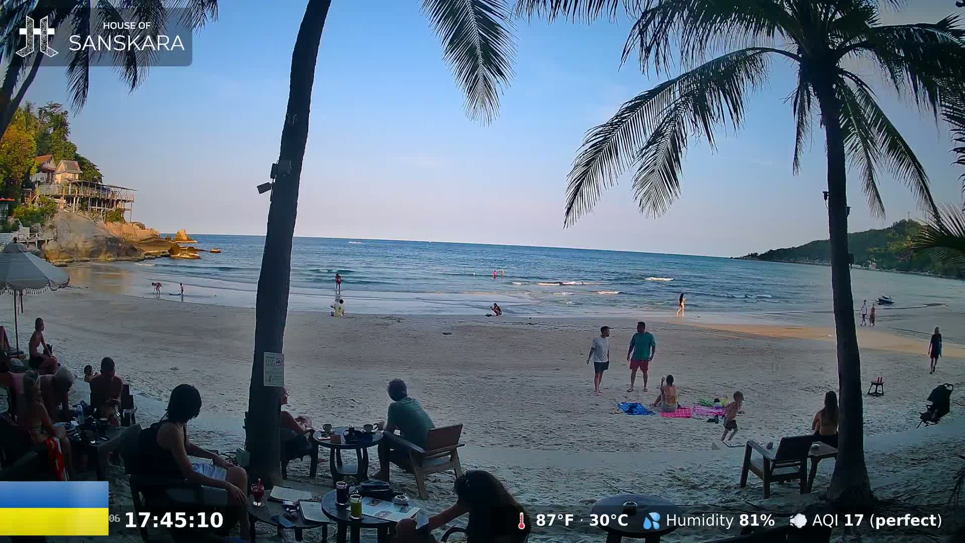 A sandy beach with people relaxing and swimming in calm ocean waters under a clear blue sky, partially obscured by palm trees.