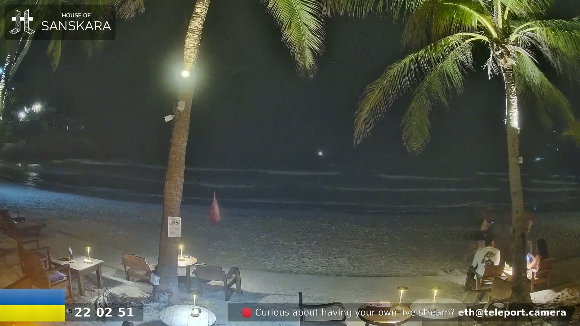 A nighttime beach scene shows gently lapping waves under a dark sky, with palm trees and outdoor seating areas near the water.